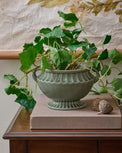 Jo's Vintage Inspired Pedestal Vase paired with greenery on top of decorative books
