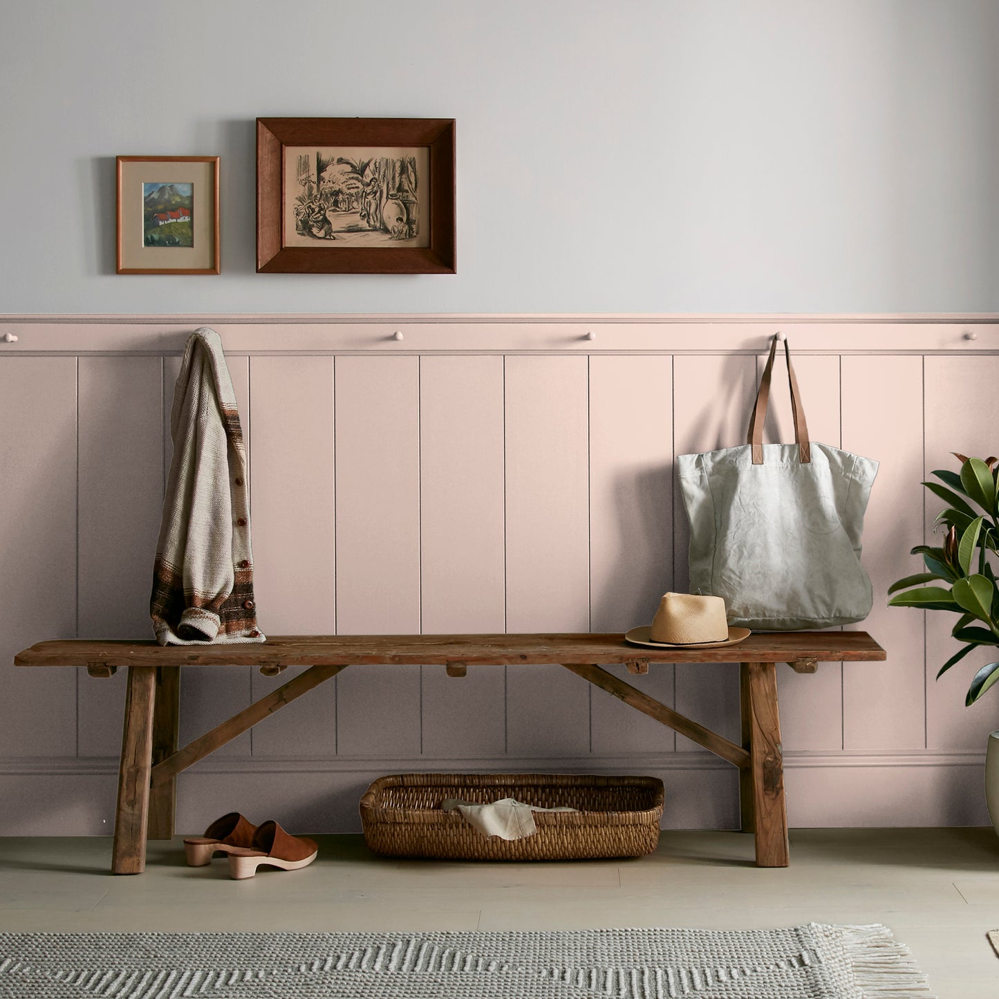 muted light pink paint named ella rose painted on entryway wall