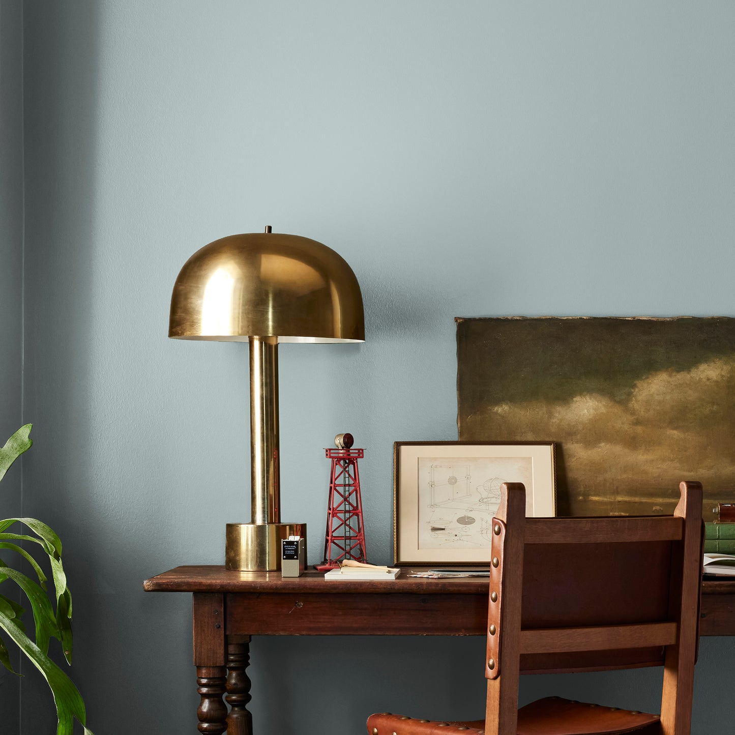 muted grey blue interior paint named rainy days shown painted on bedroom wall