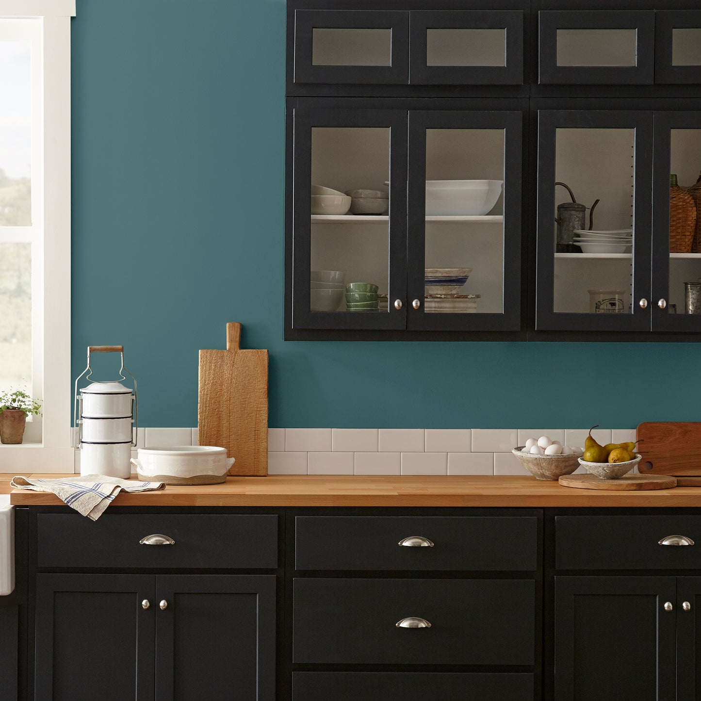 dark denim blue interior paint named weekend shown painted on kitchen wall