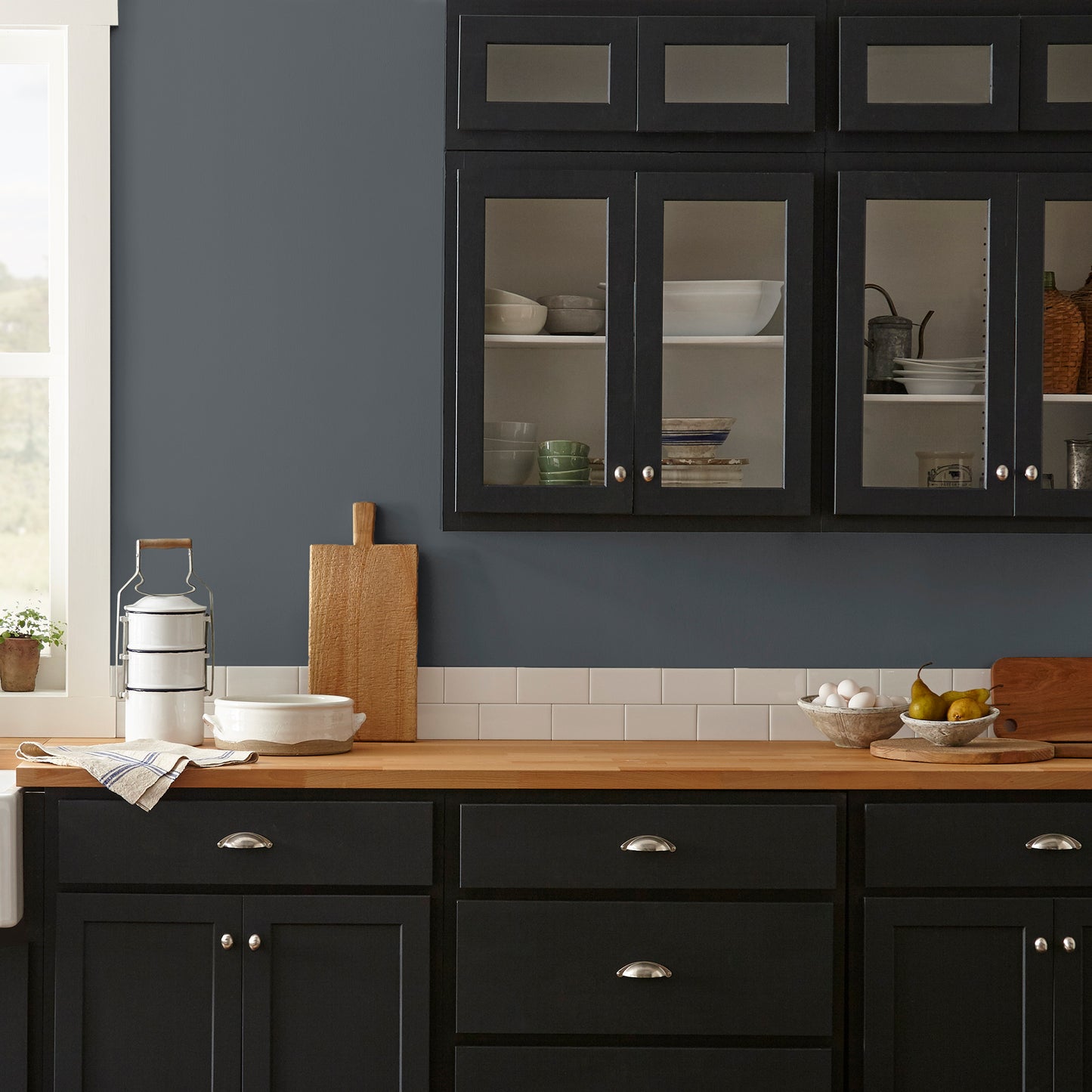 dark chalkboard black with blue undertones paint named blackboard shown painted on kitchen wall