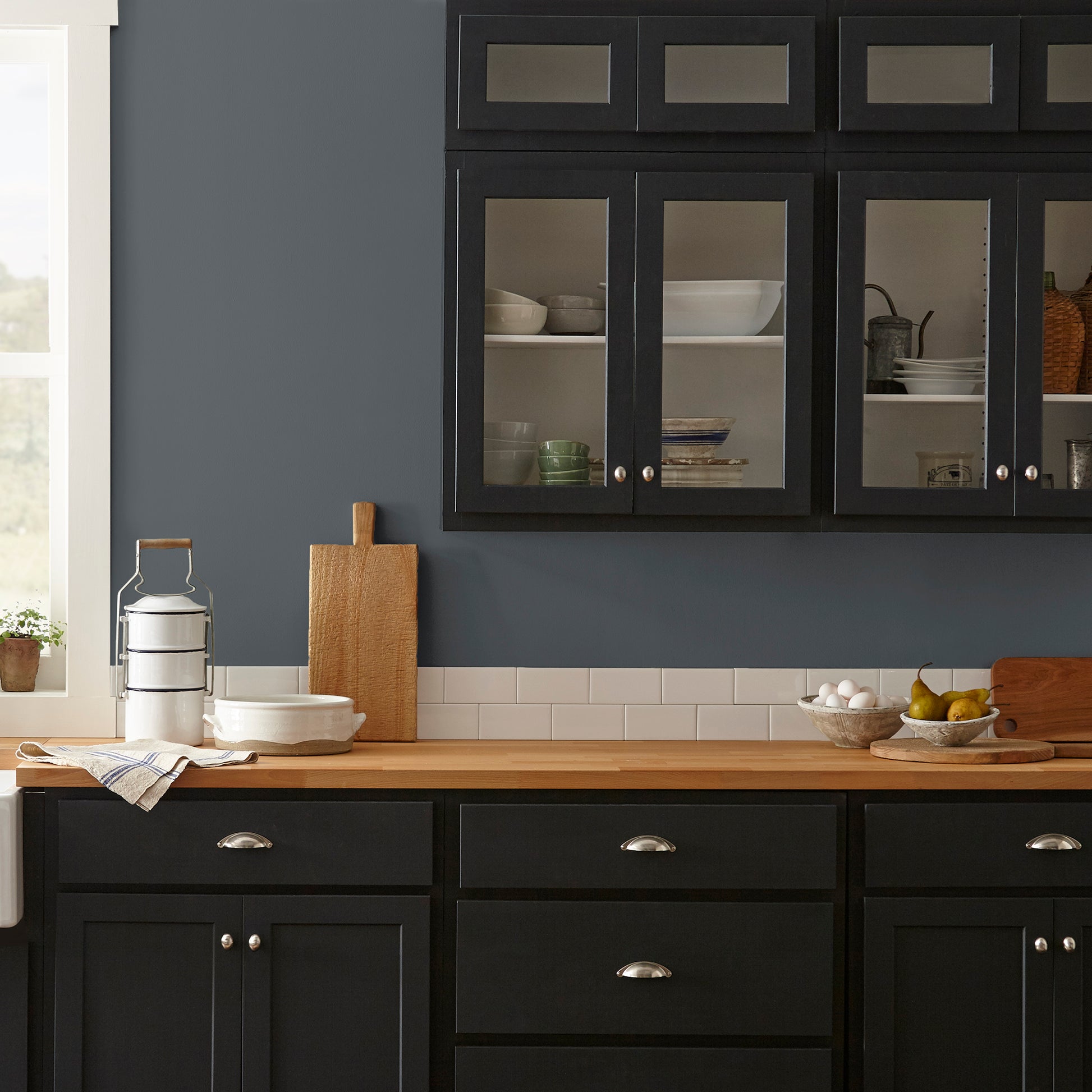 dark chalkboard black with blue undertones paint named blackboard shown painted on kitchen wall