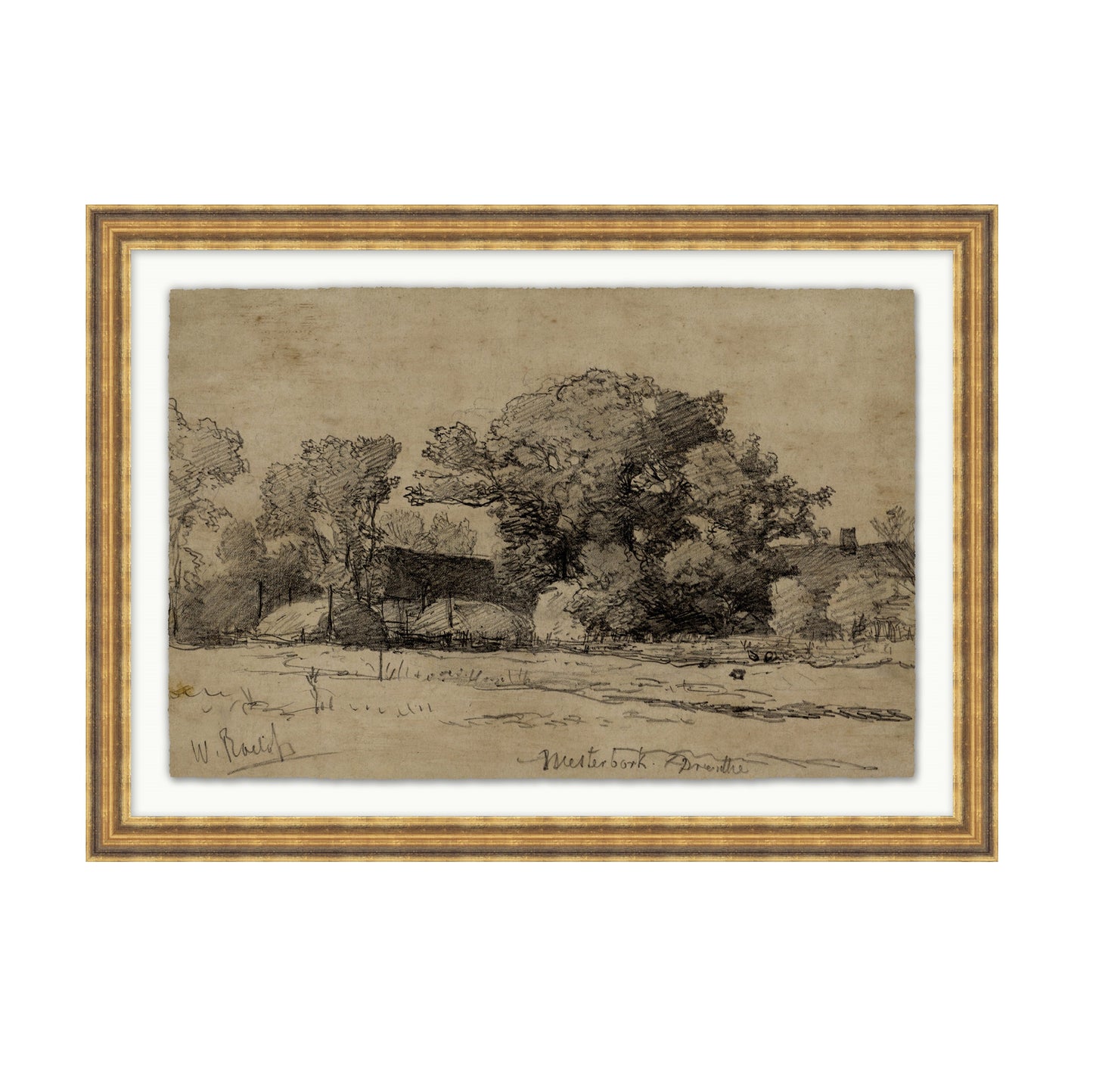 framed art called Farmland Study shows serene landscape of sketched foliage and wild brush sized 18" x 25"
