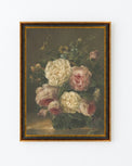 Framed wall art In Full Bloom depicts vintage floral blooms