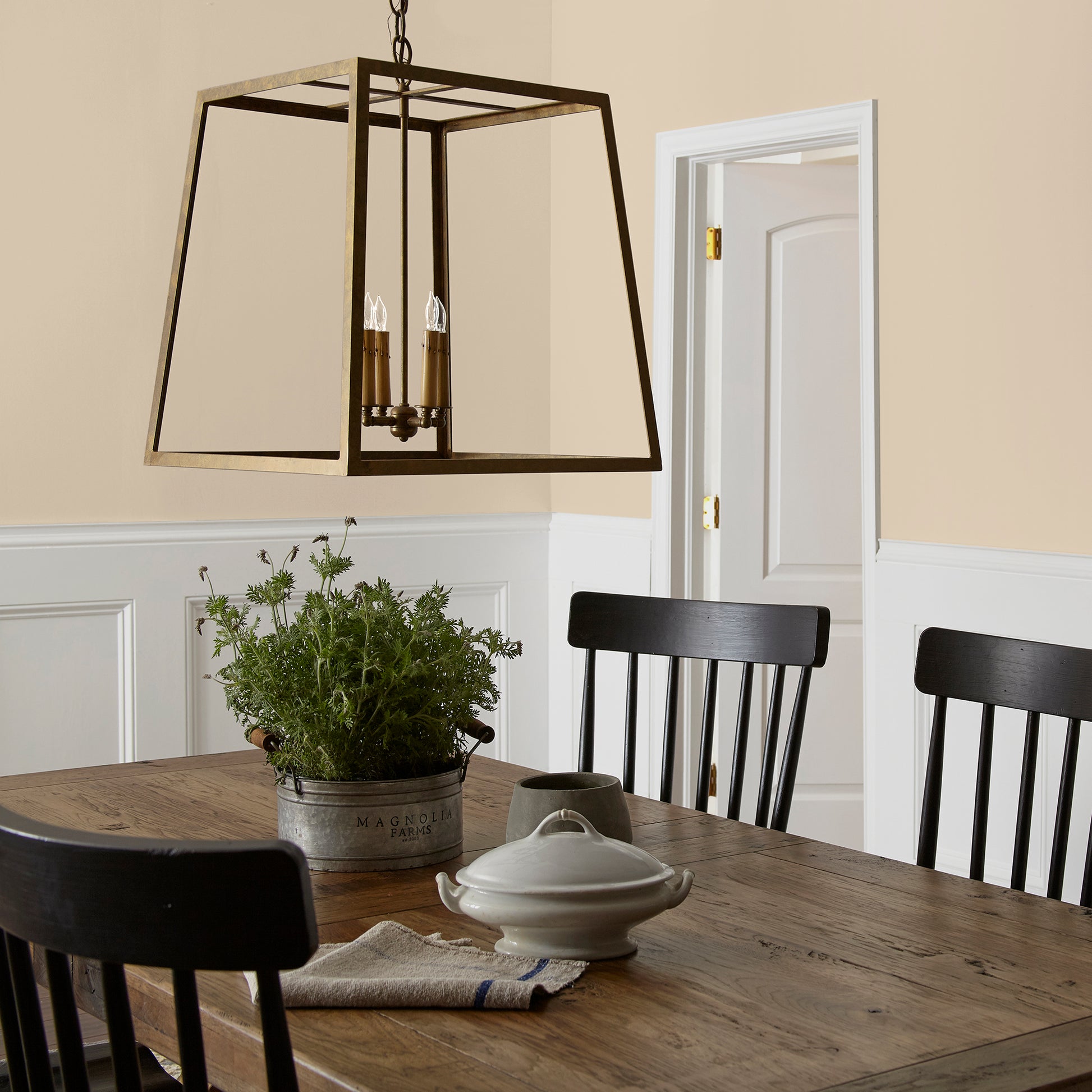 light tan with a yellow undertone paint named soft landing shown painted on dining room wall