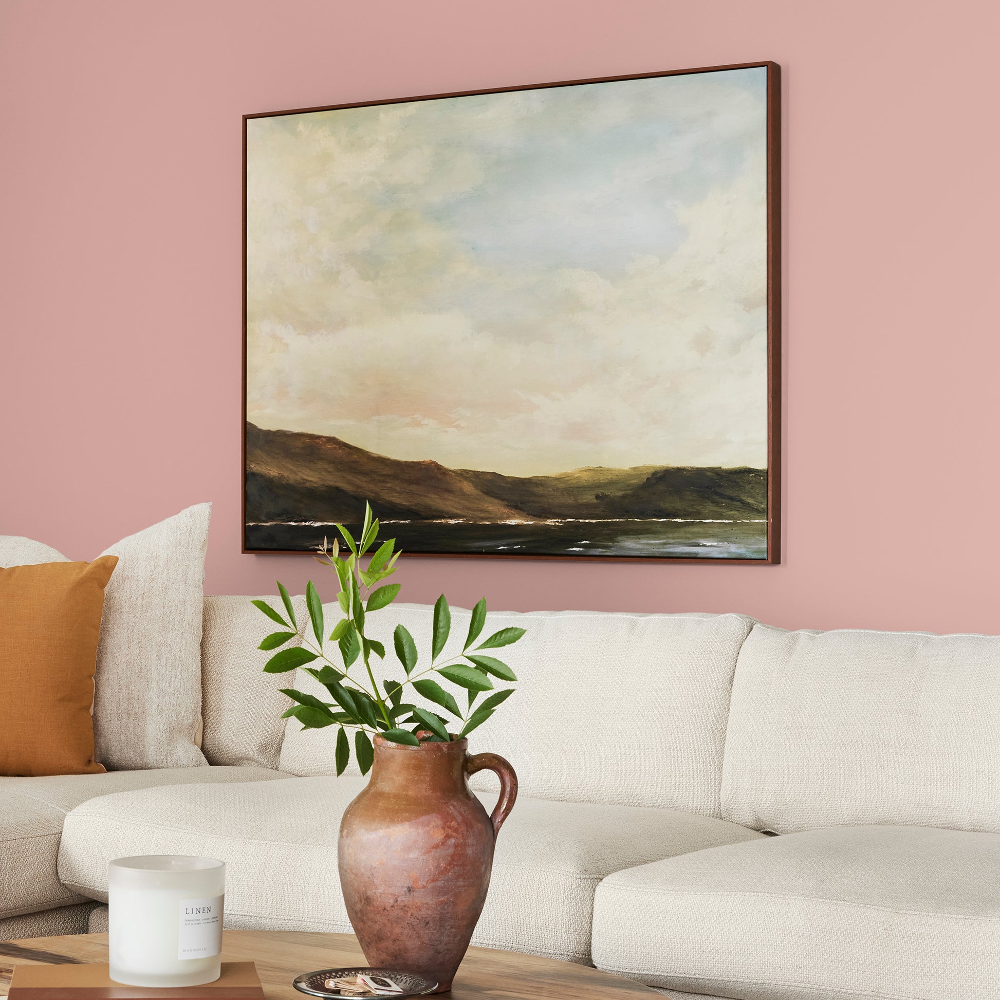 light salmon pink paint named cabbage rose shown painted on living room wall