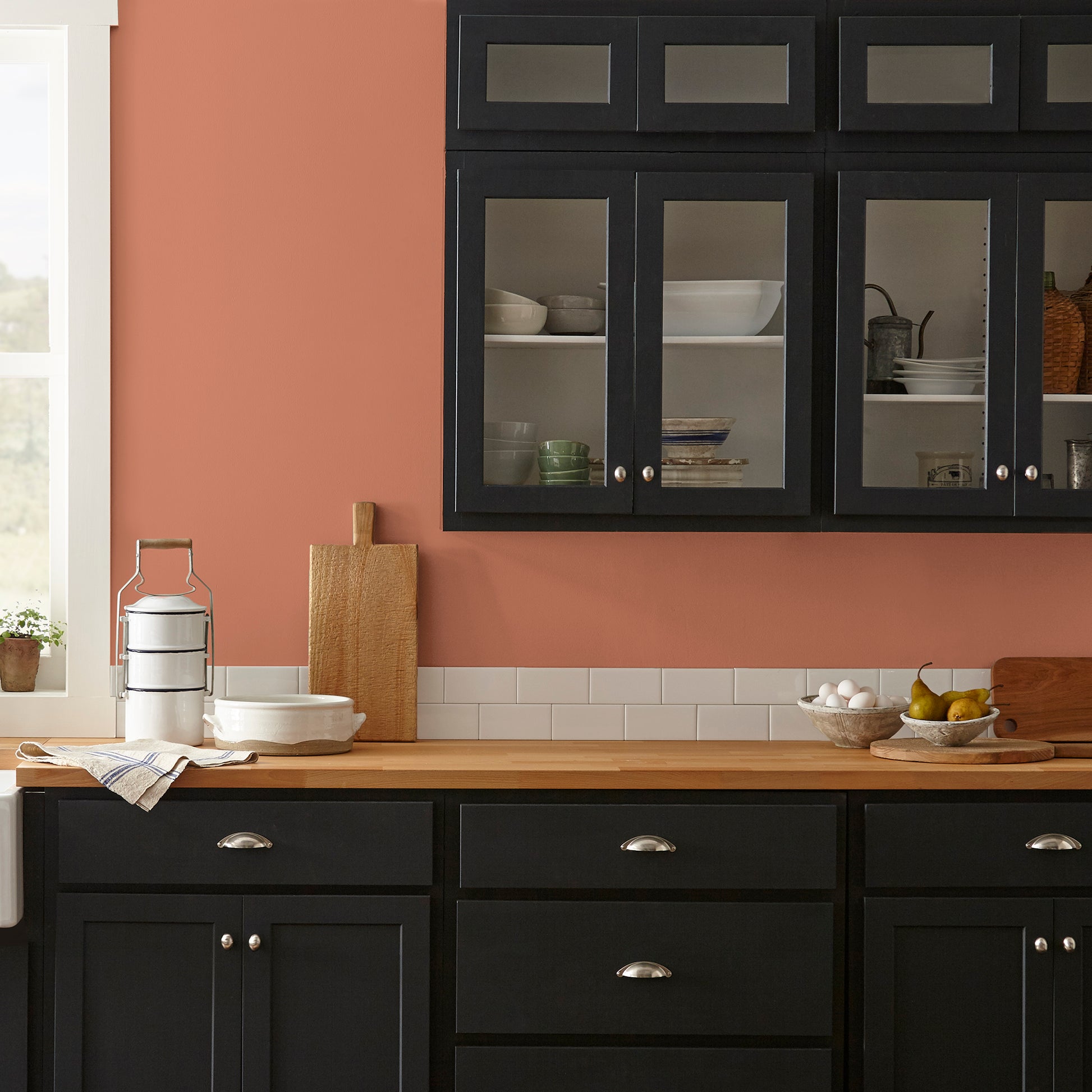 burnt orange paint named work worn wood shown painted on kitchen wall