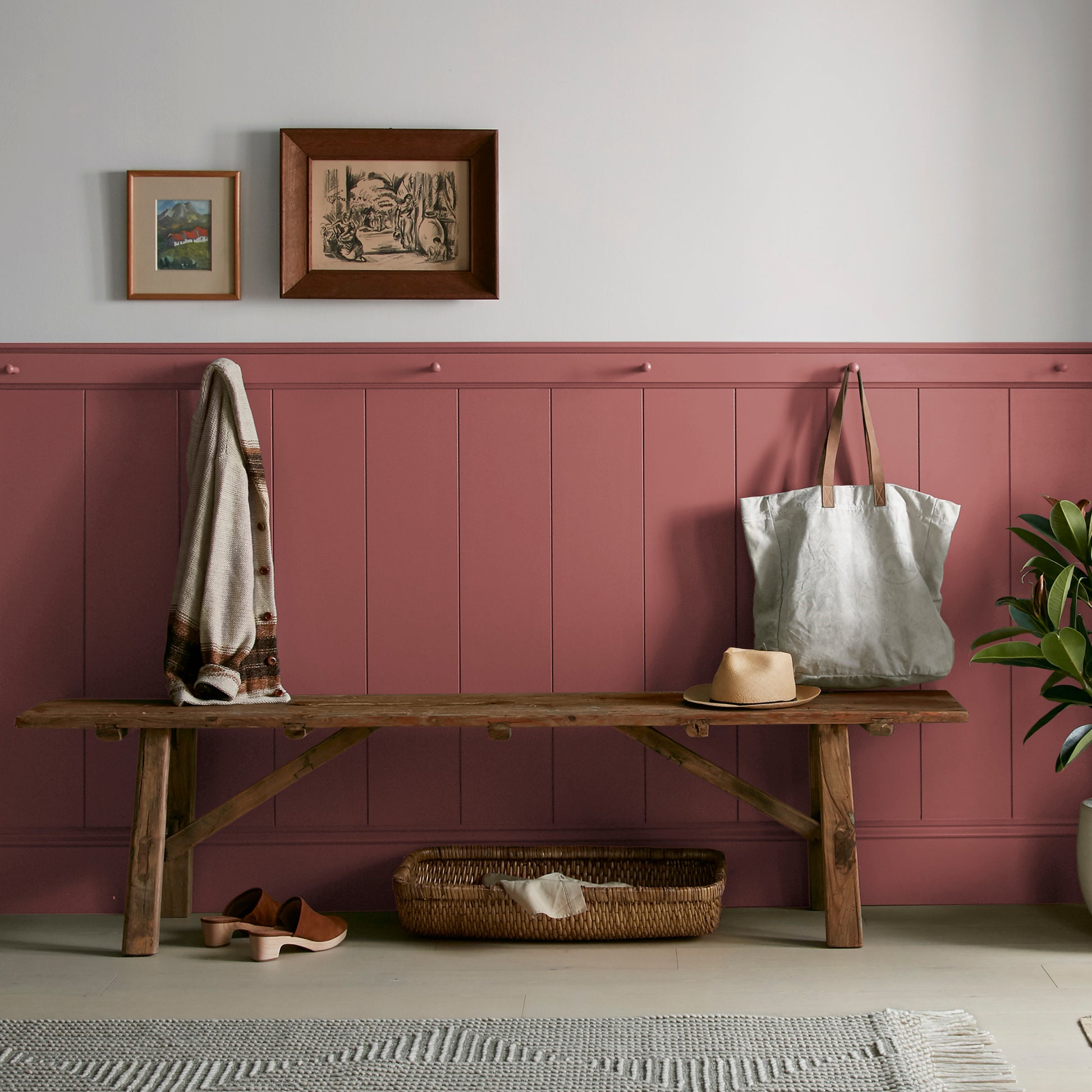 deep red paint named create shown painted on entryway wall