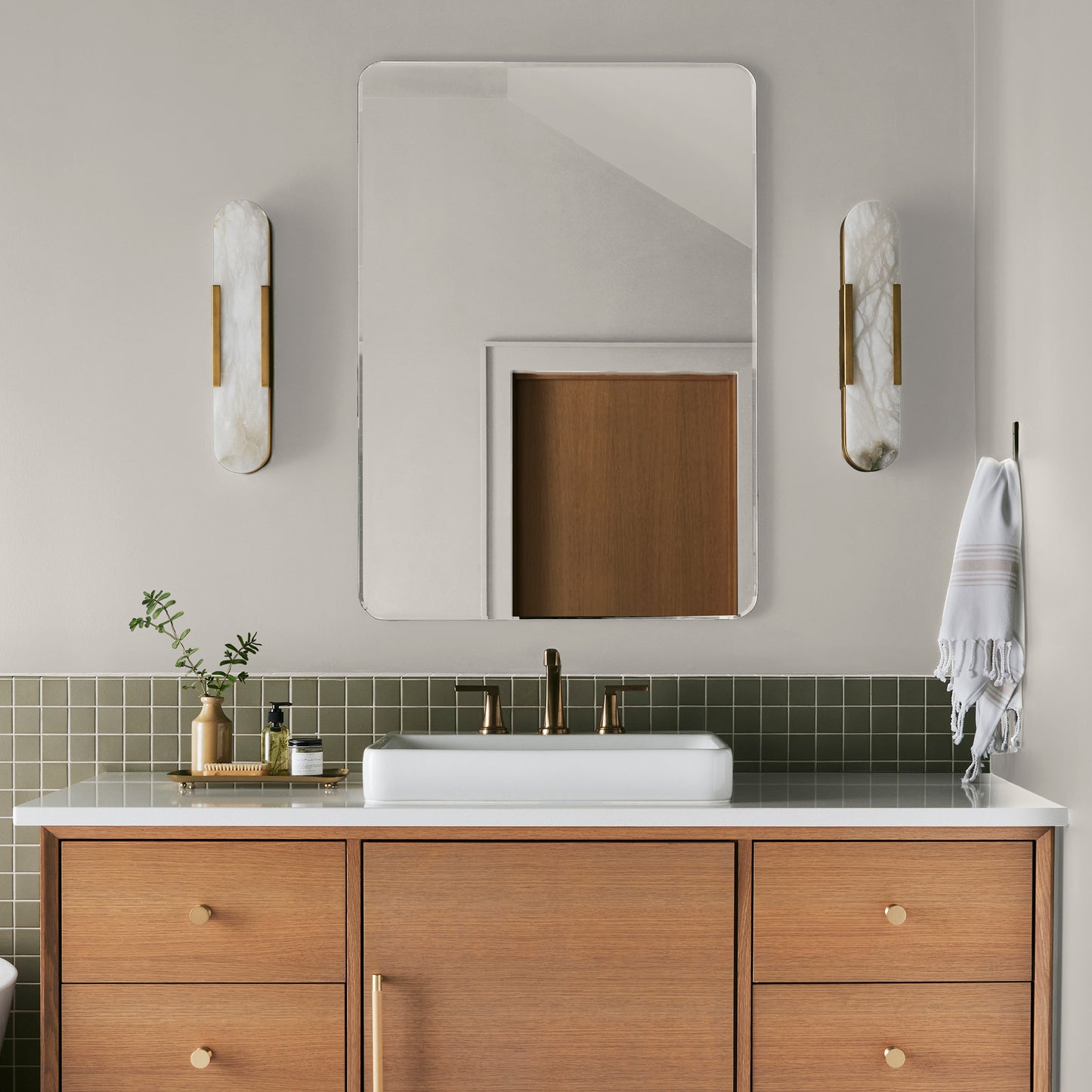 Warm white with beige hues interior paint named silos white shown painted on bathroom wall