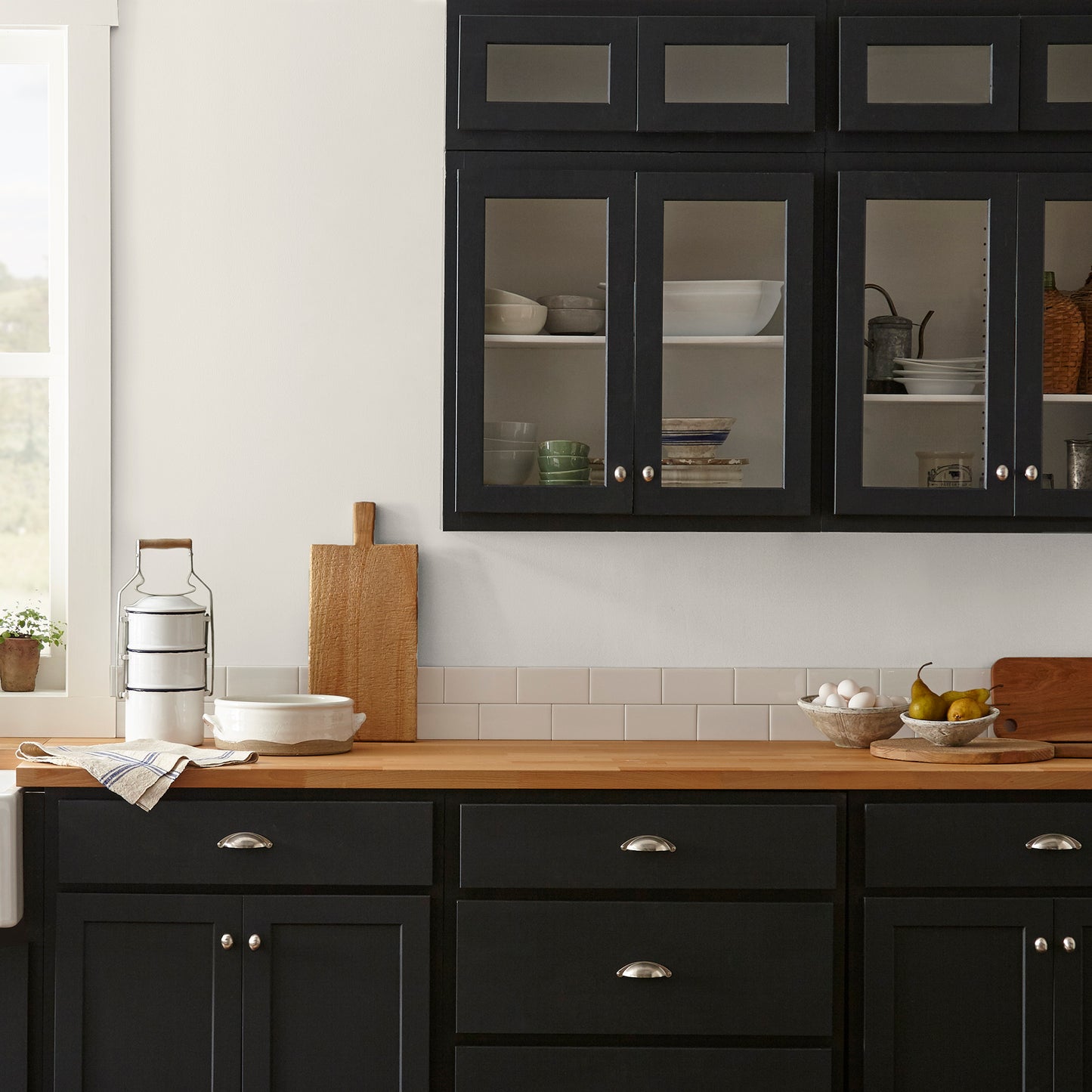 Warm white with beige hues interior paint named silos white shown painted on kitchen wall