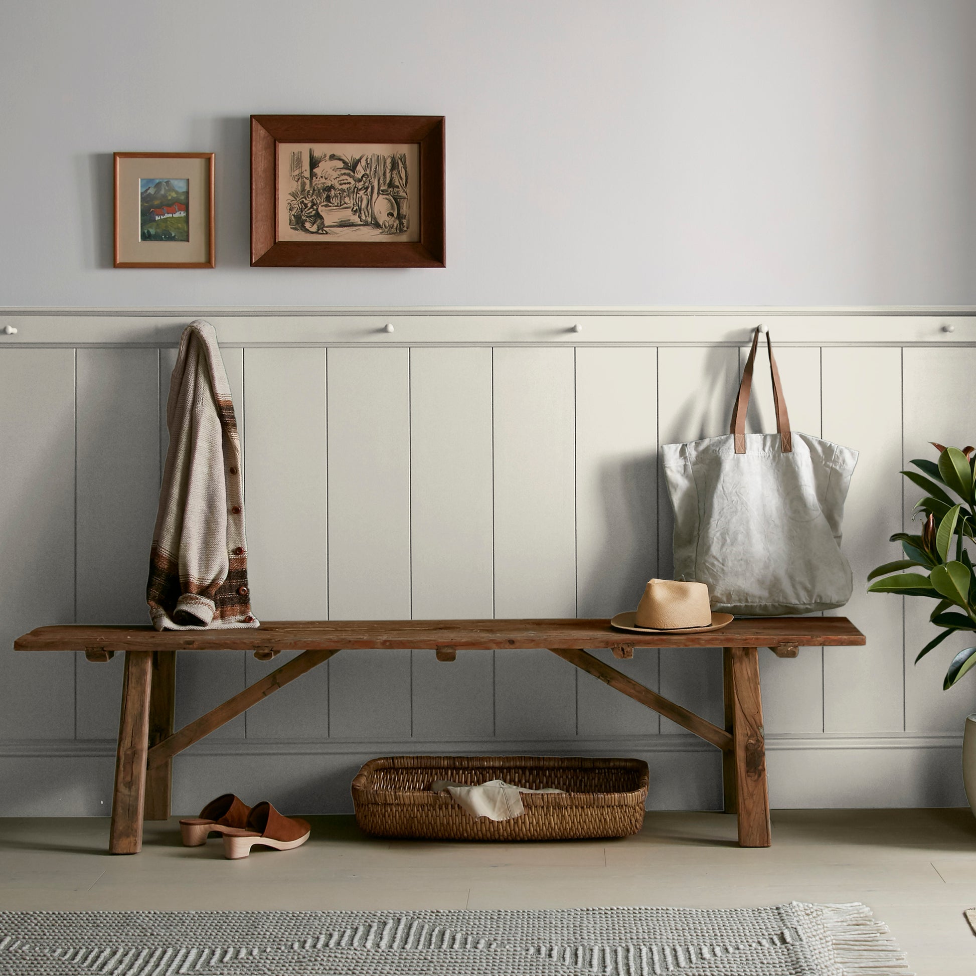 Warm white brushed with warm beige interior paint named locally sown shown painted on entryway wall