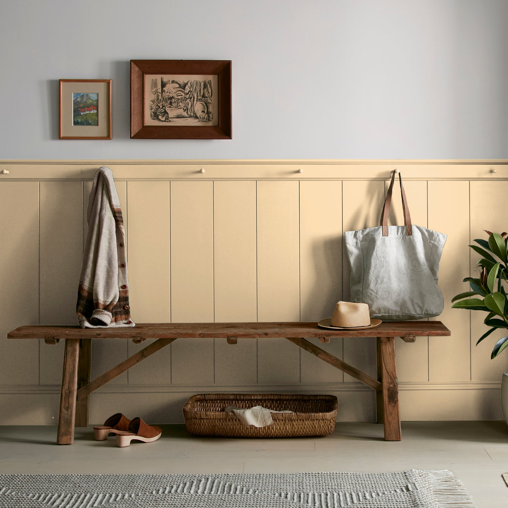 Creamy honey and citrus yellow interior paint named lemony shown painted on entryway wall