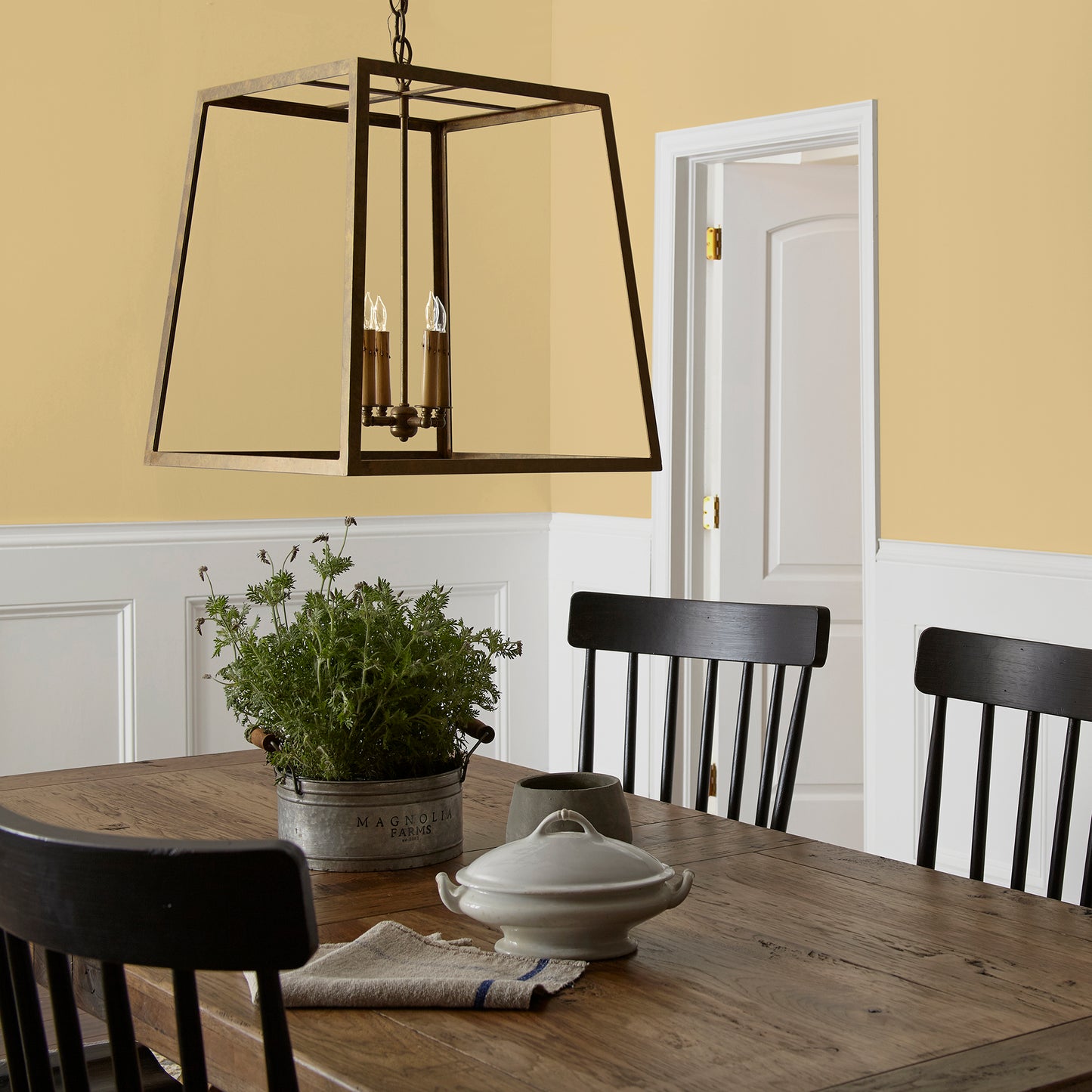 muted yellow with green undertones paint named heirloom yellow shown painted on dining room wall