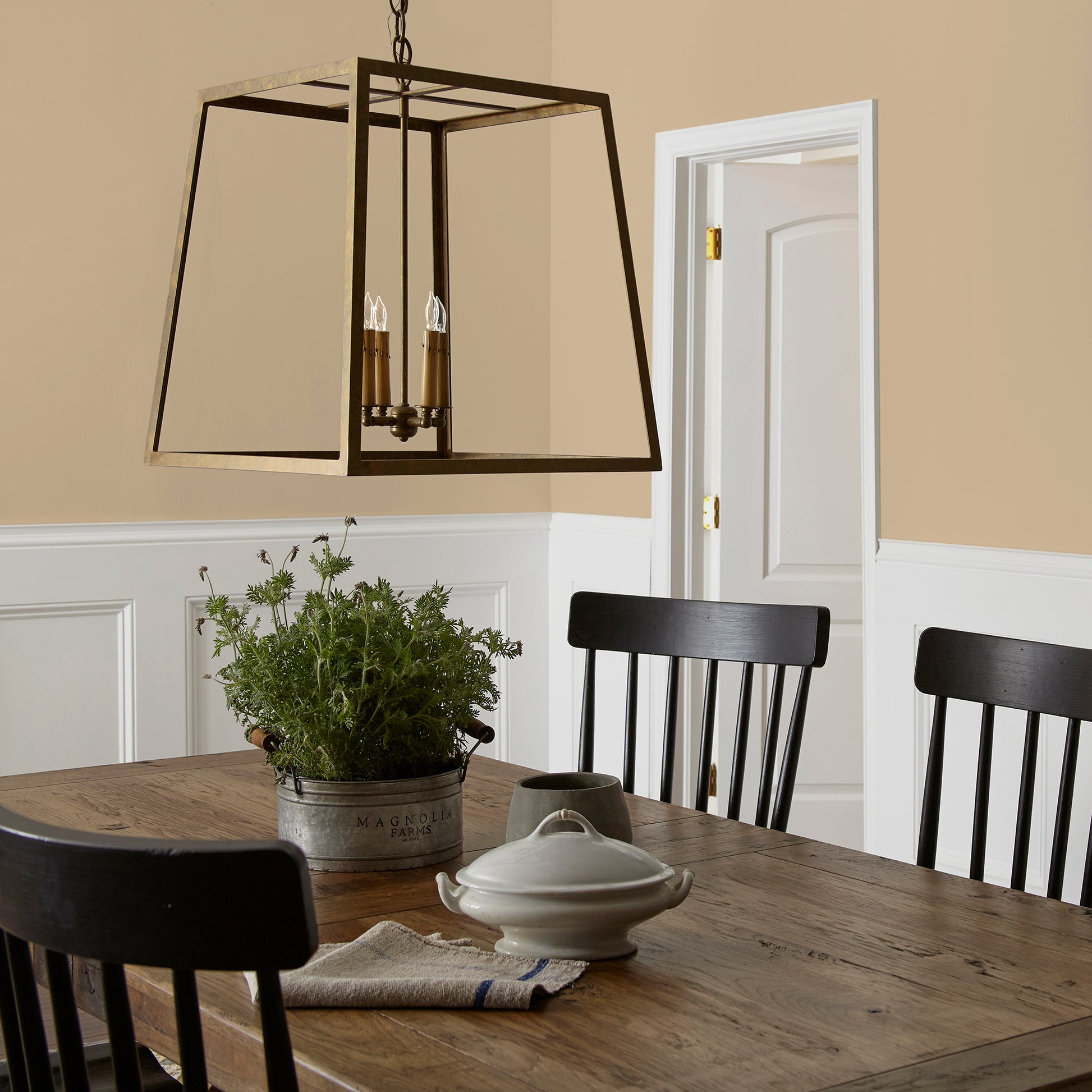 Light sandy gold interior paint named summer pear shown painted on dining room wall
