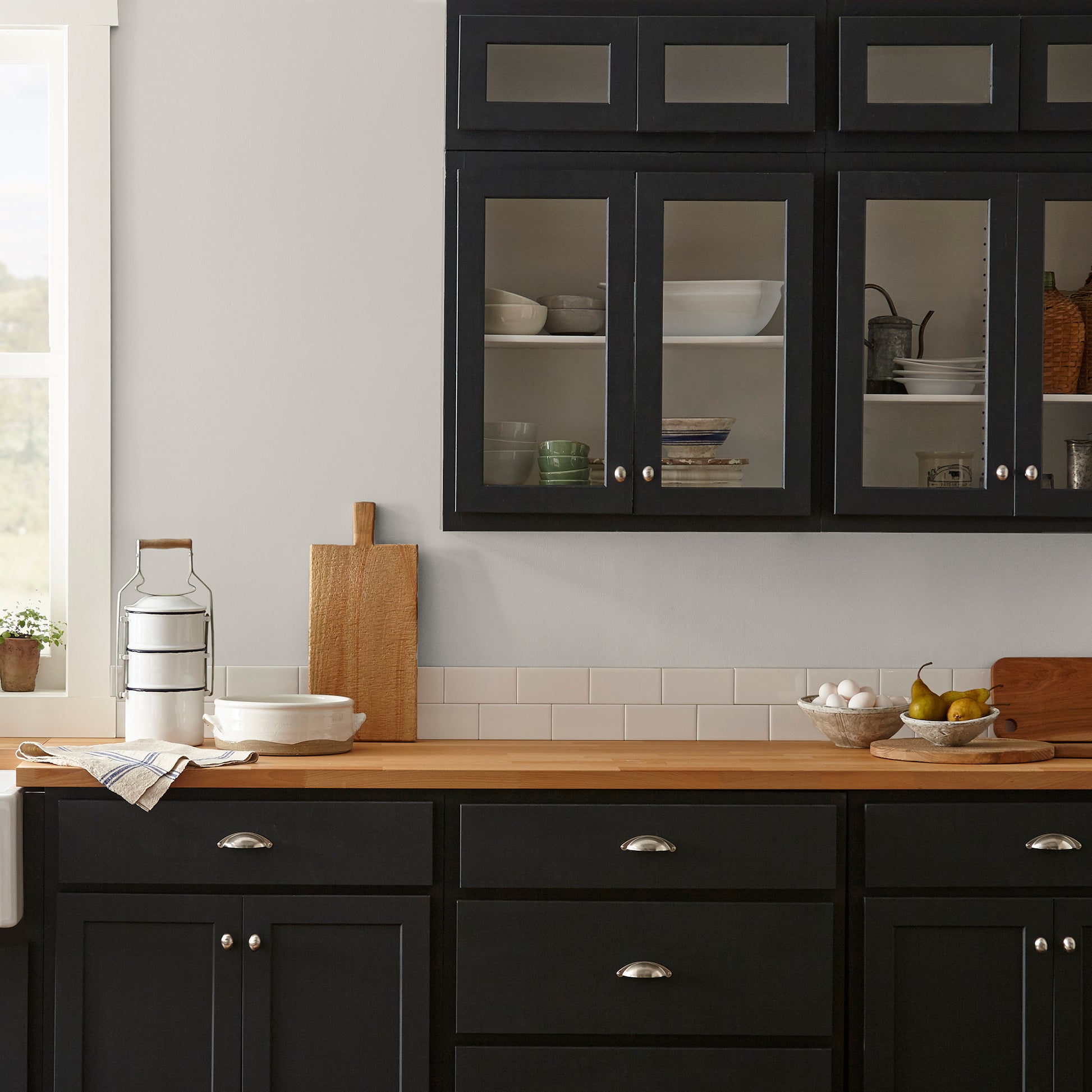 light grey-beige paint named yarn shown painted on kitchen wall