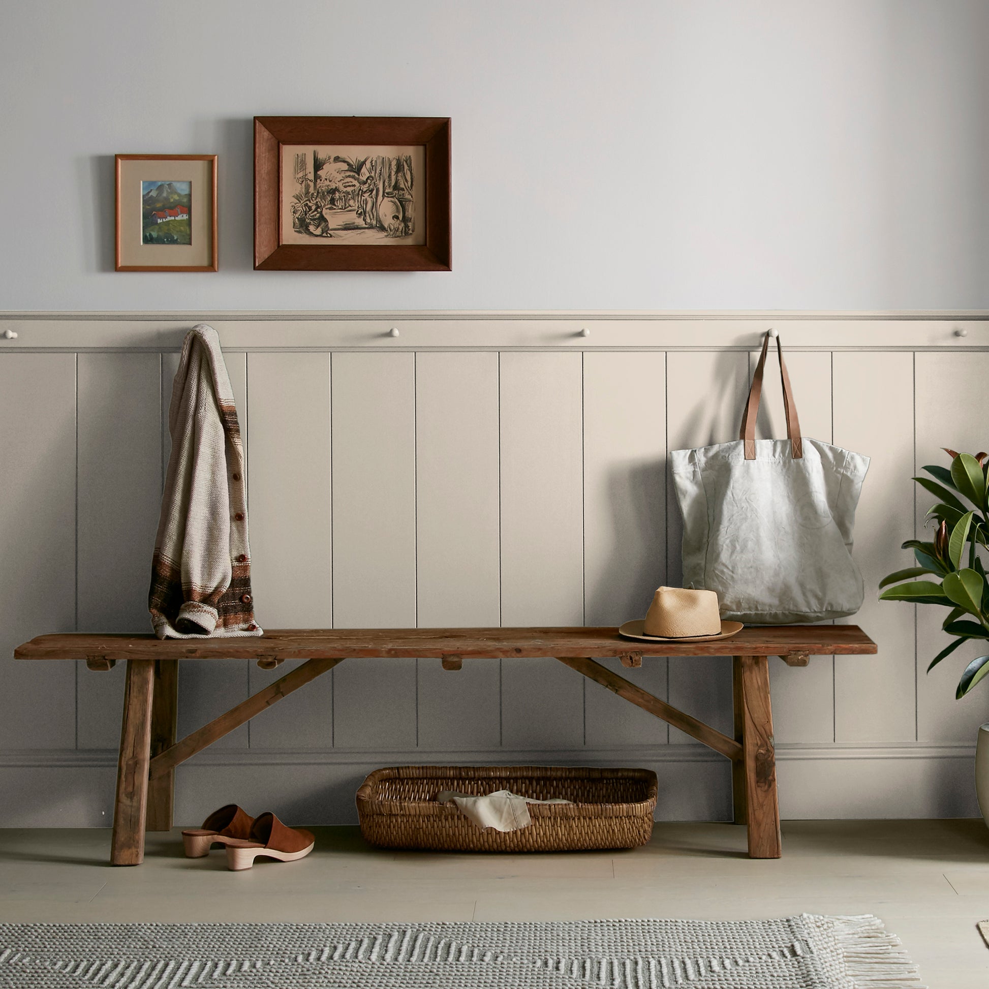 Dusty beige and tan interior paint named southern grown shown painted on entryway wall