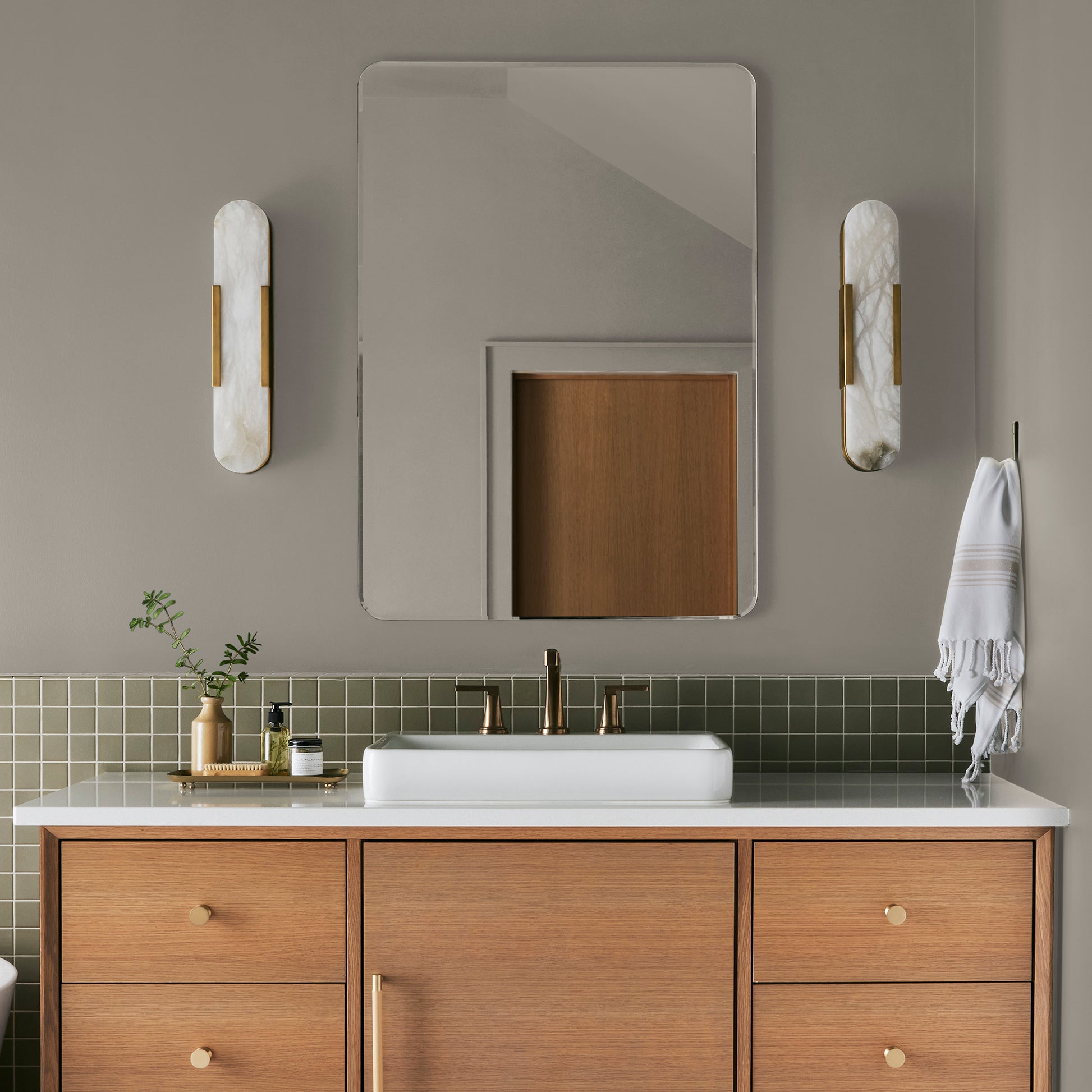 Cloudy hazel beige interior paint named quaint cottage shown painted on bathroom wall