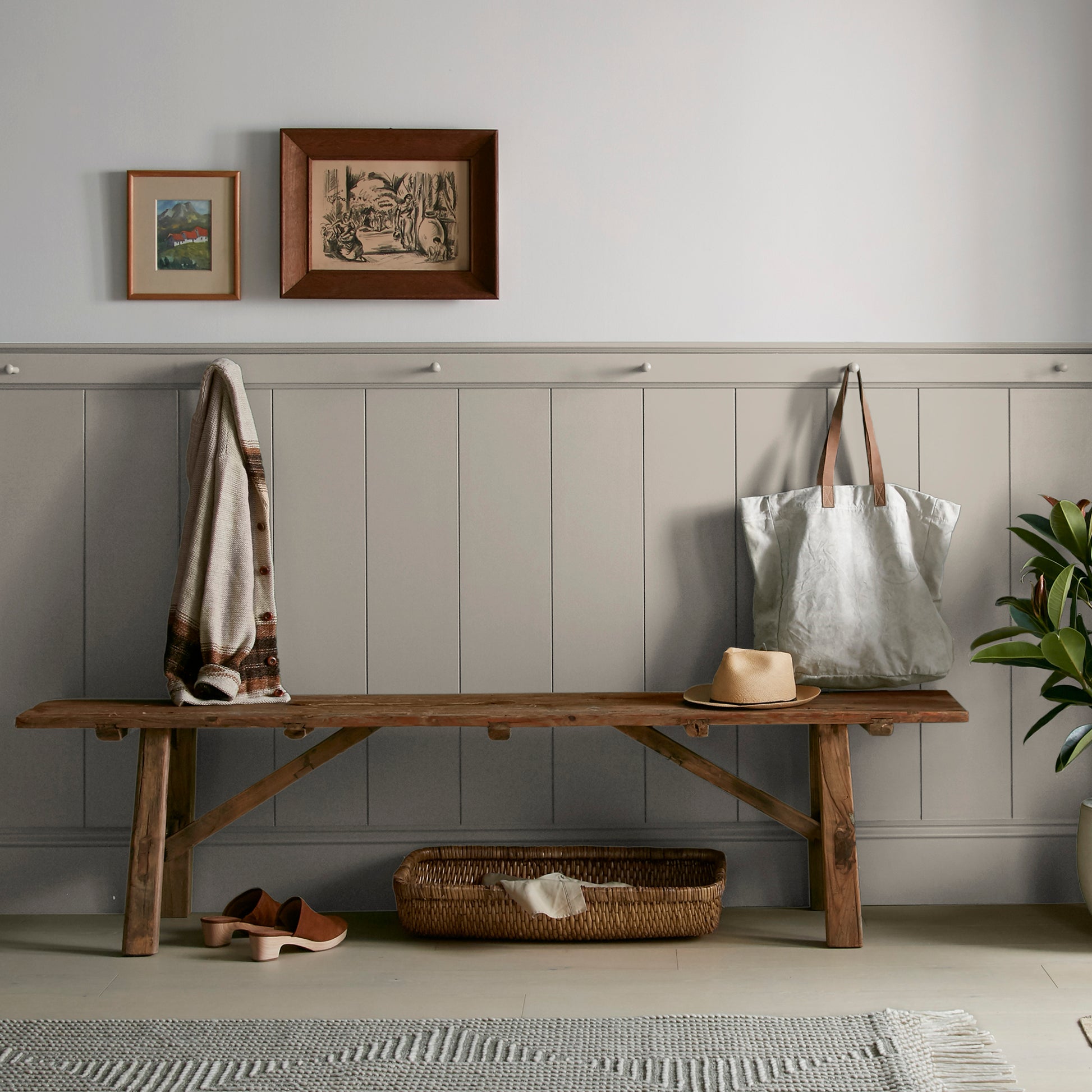 Cloudy hazel beige interior paint named quaint cottage shown painted on entryway wall