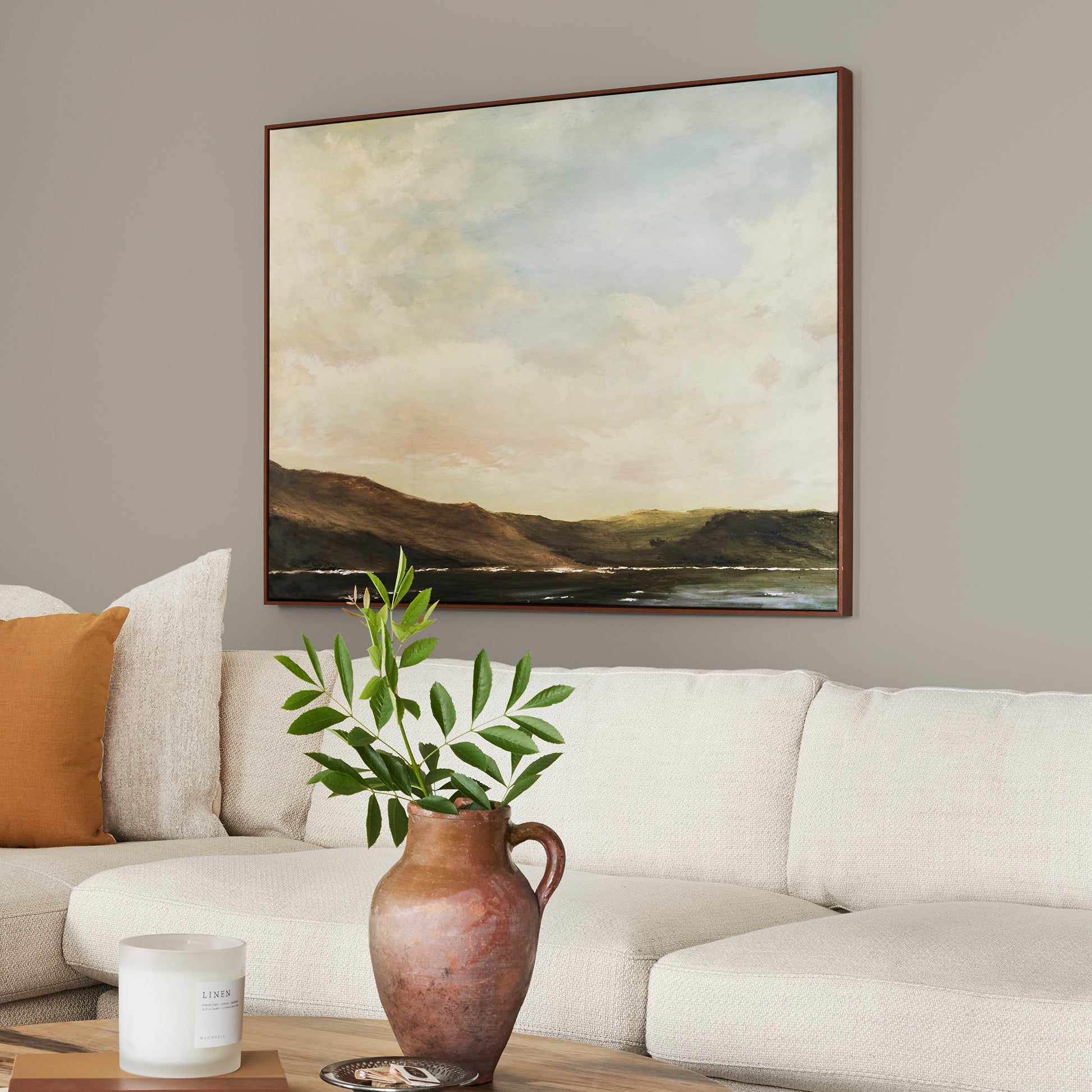 Cloudy hazel beige interior paint named quaint cottage shown painted on living room wall