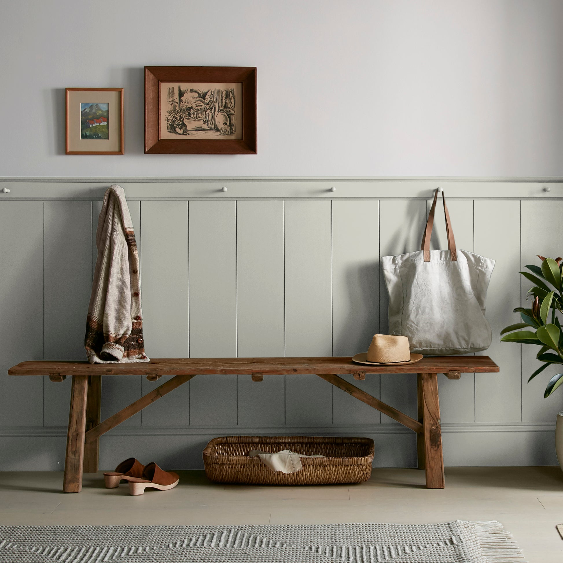 Creamy mint green interior paint named clean lines shown painted on entryway wall