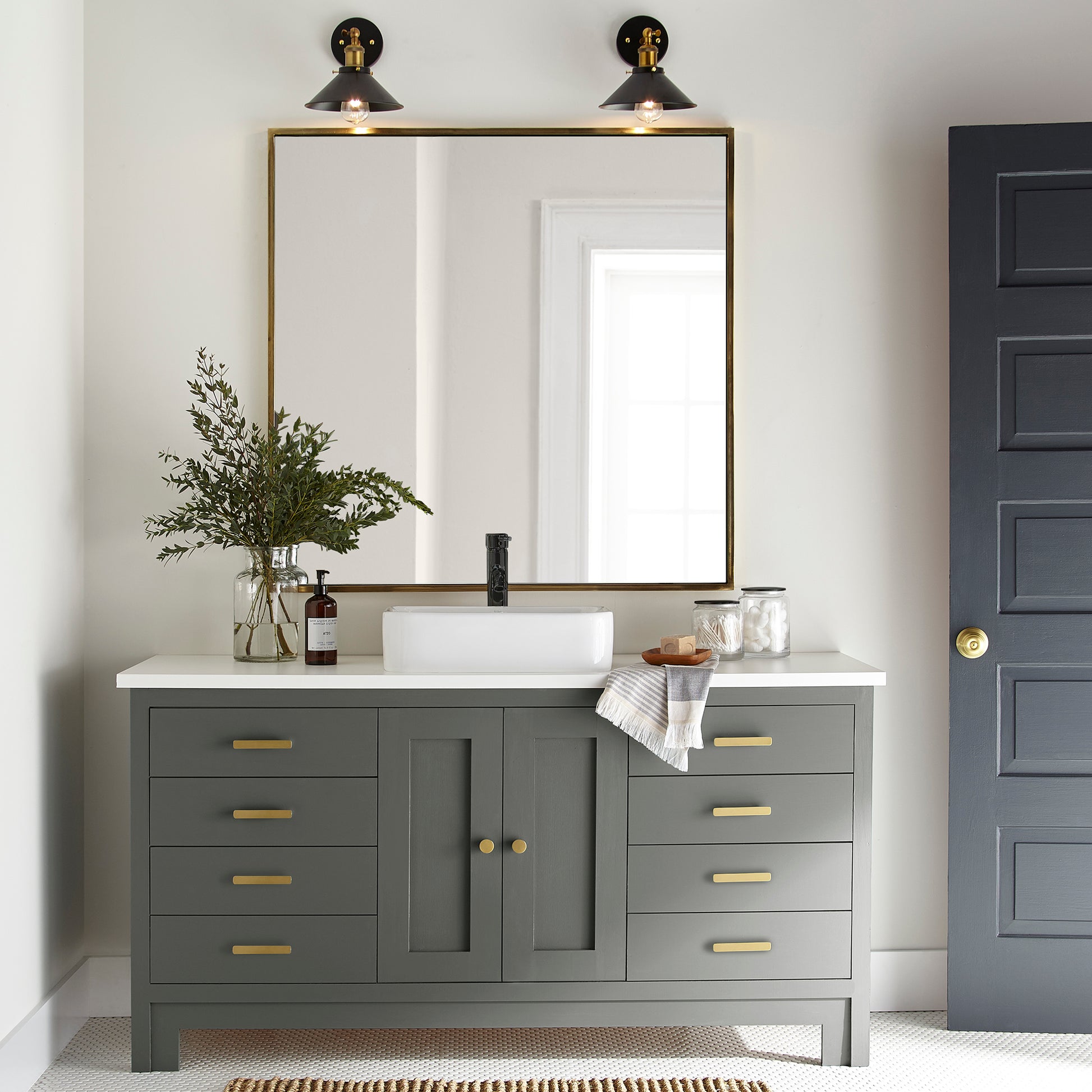 Dark hunter green dusted with olive tones door and cabinet paint named locally grown shown painted on bathroom cabinet