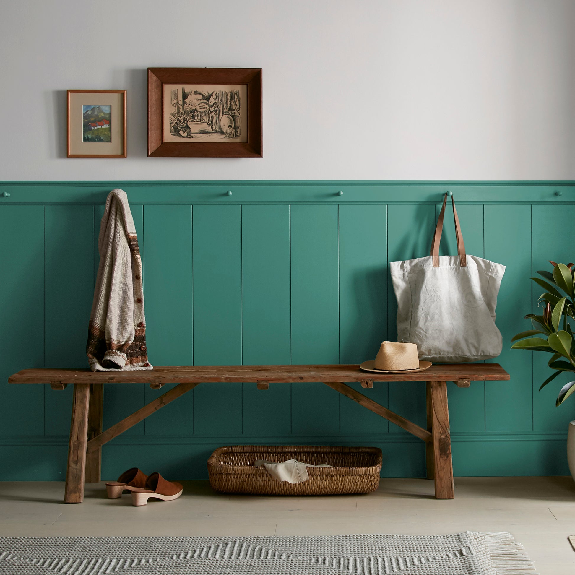crisp hunter green with golden accents paint named aspen leaf shown painted on entryway wall