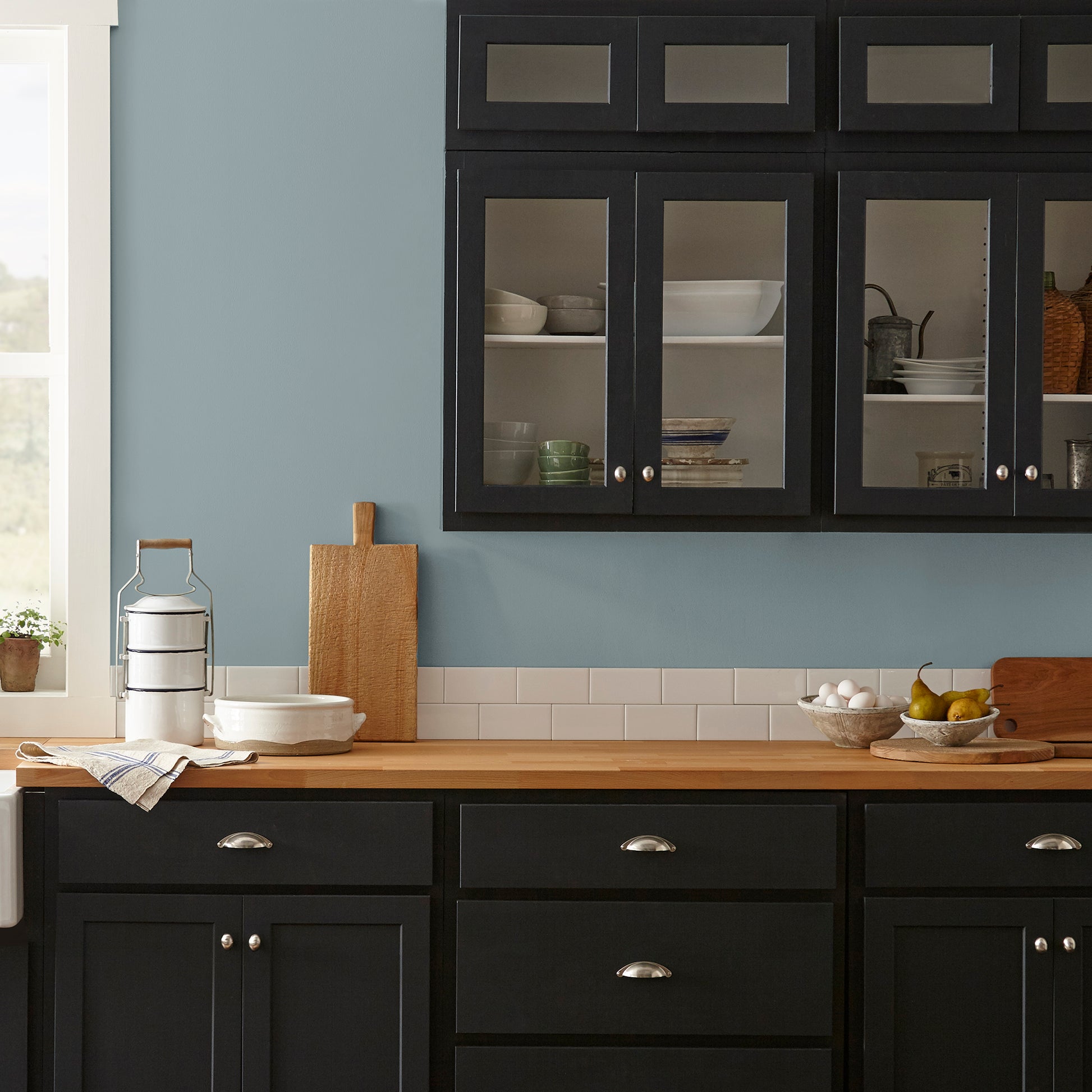medium grey-blue paint named display shown painted on kitchen wall