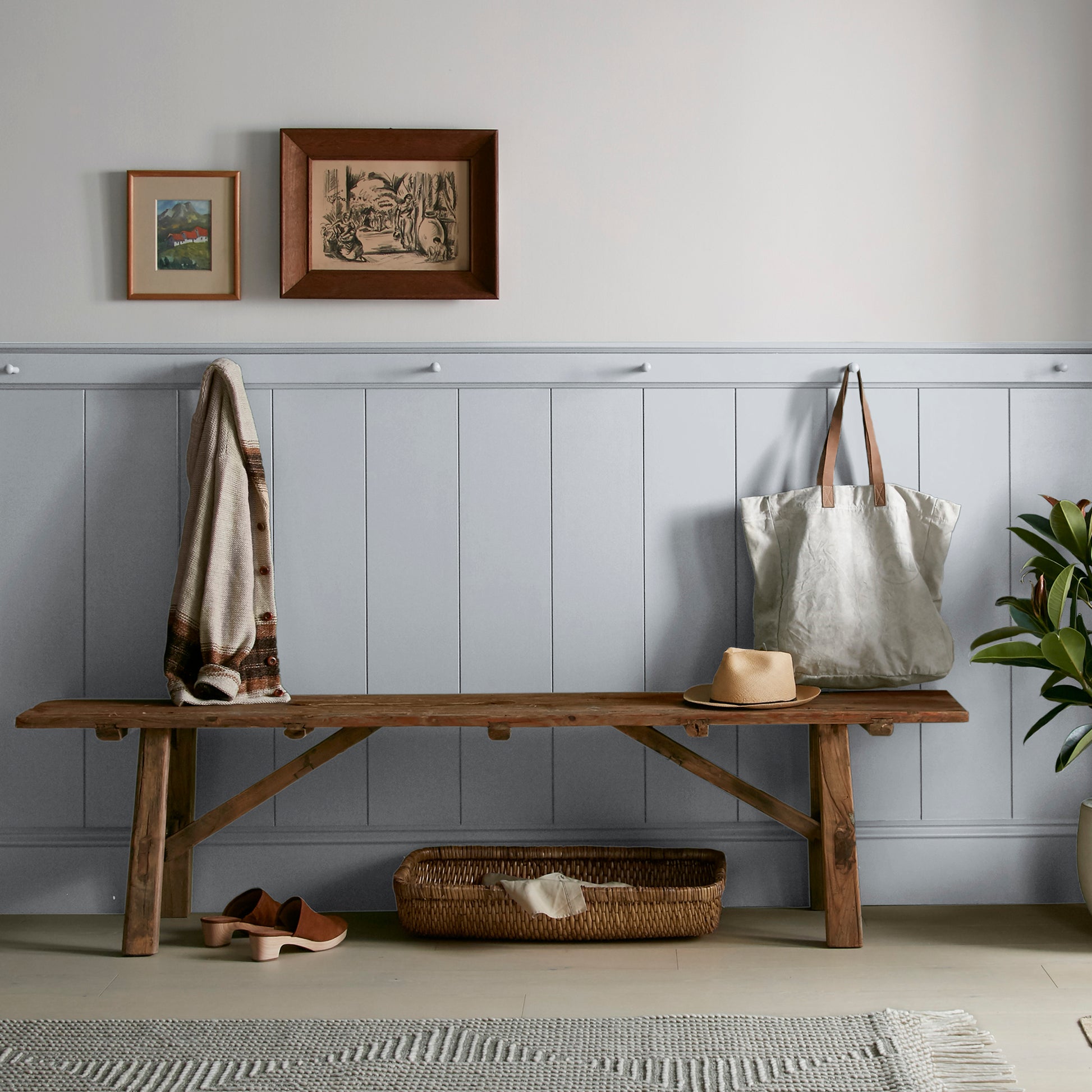 soft cool gray interior paint named cement pots shown painted on entryway wall