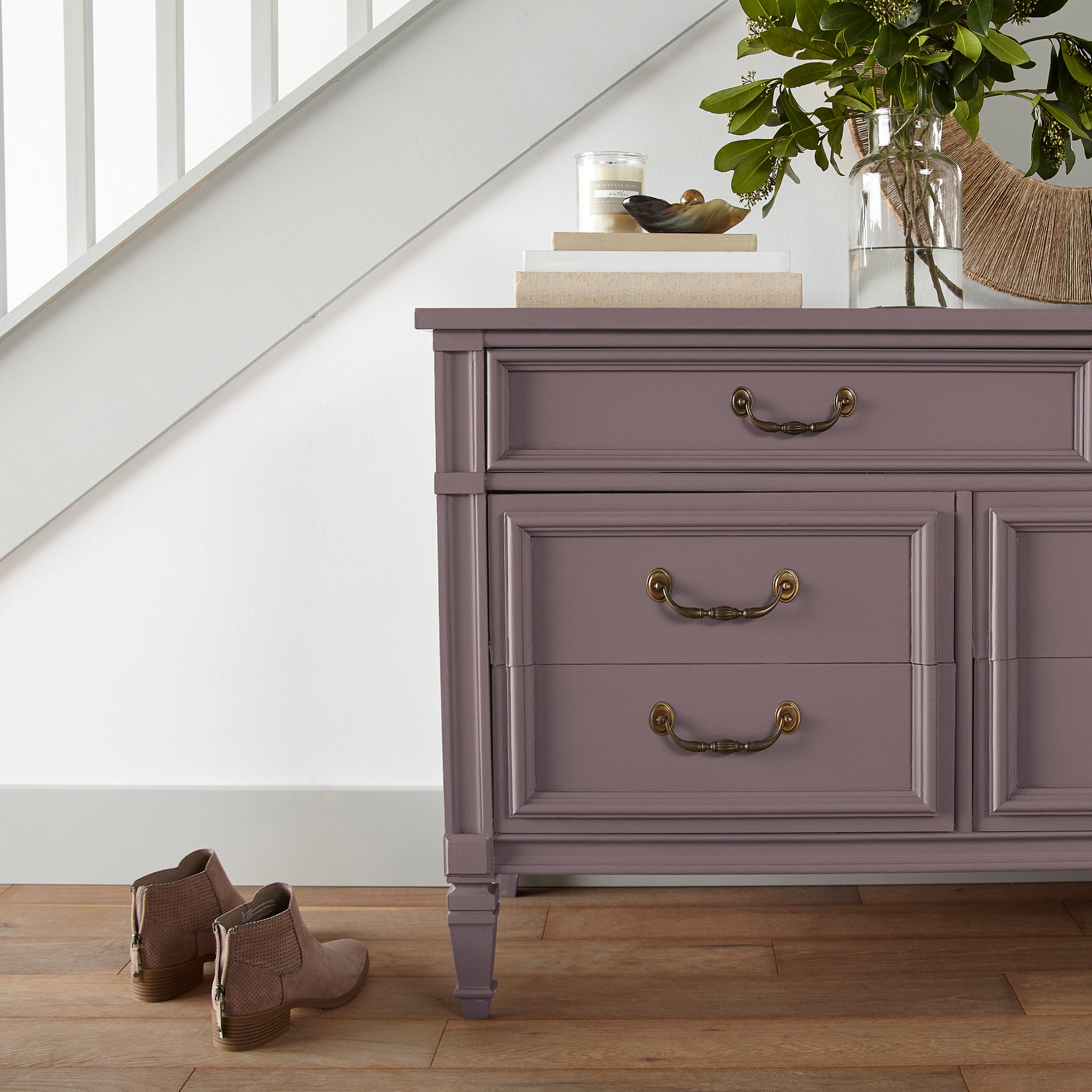 Deep and dusty berry door and cabinet paint named webster avenue shown painted on entryway cabinet
