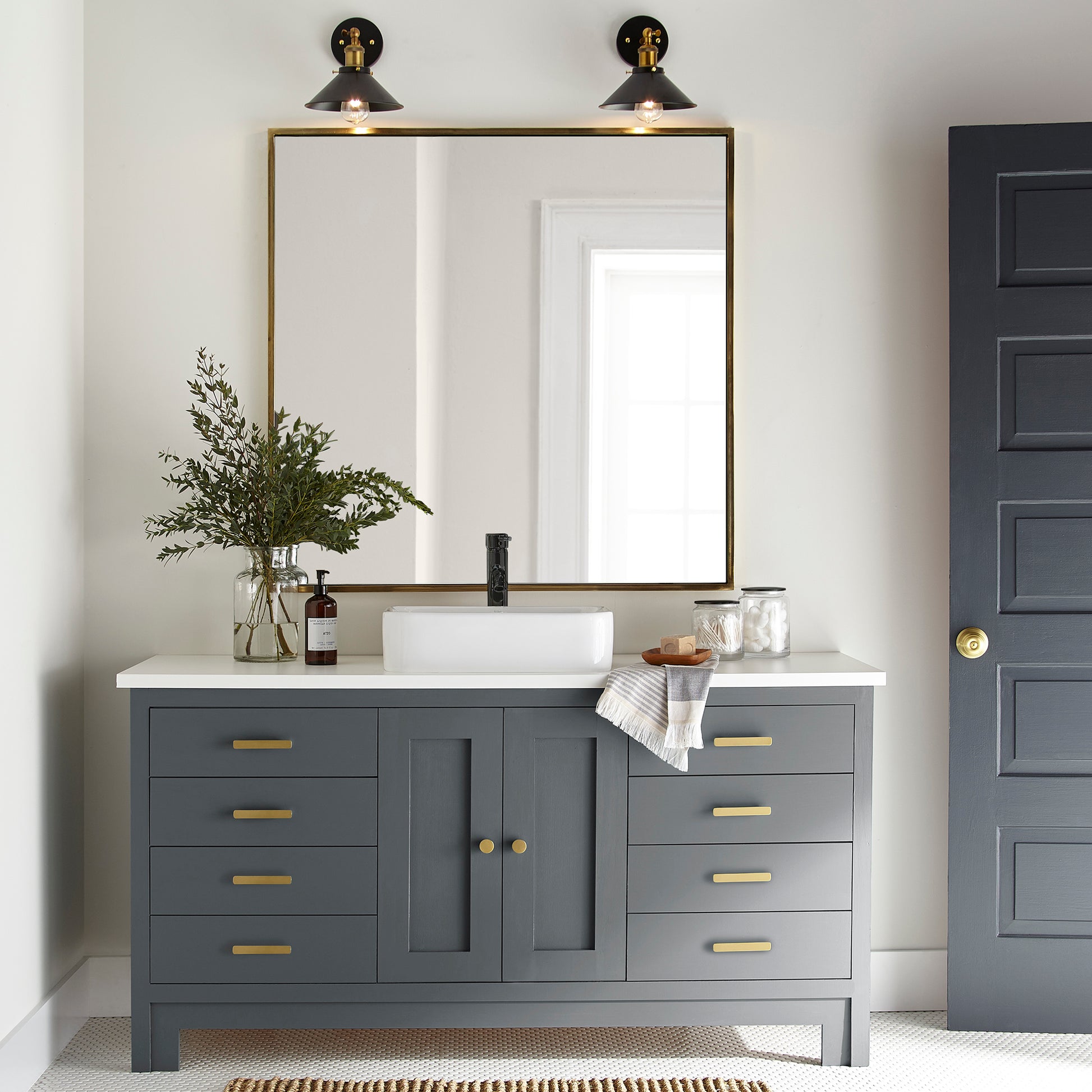 Almost black with blue undertones door and cabinet paint named fine black shown painted on bathroom cabinet