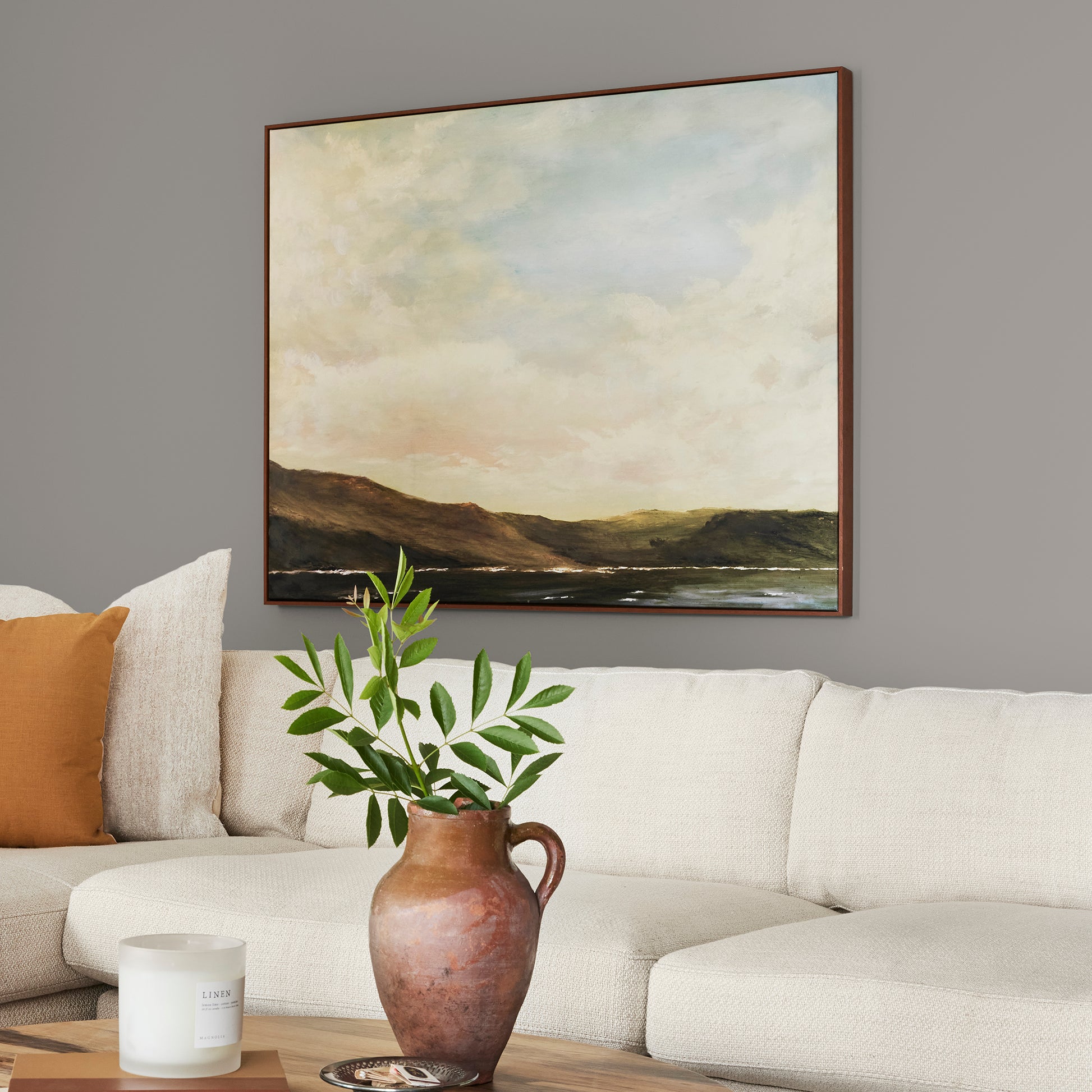 A mousy grayed brown interior paint named before and after shown painted on living room wall