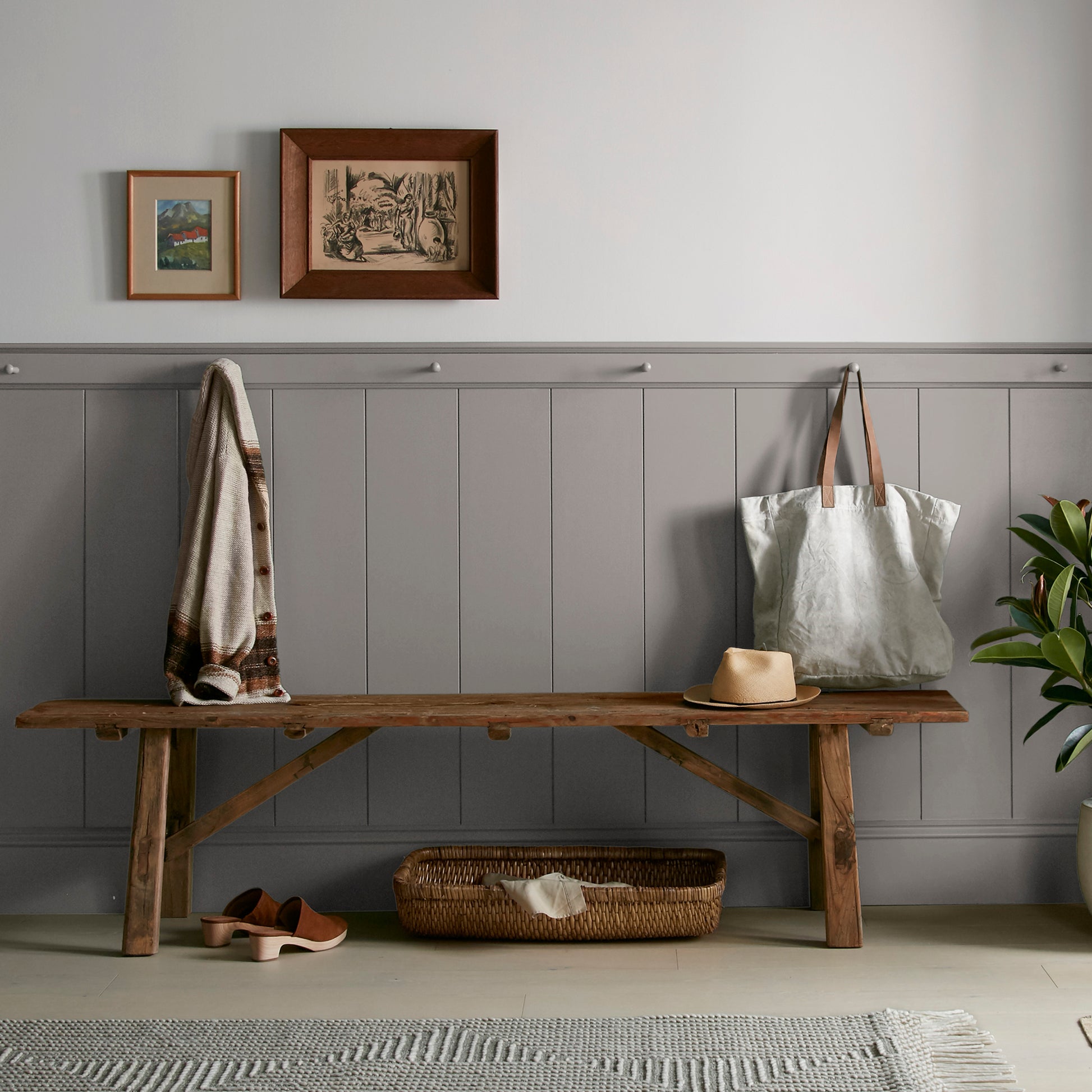 mousy brown interior paint named wooden palette shown painted on entryway wall
