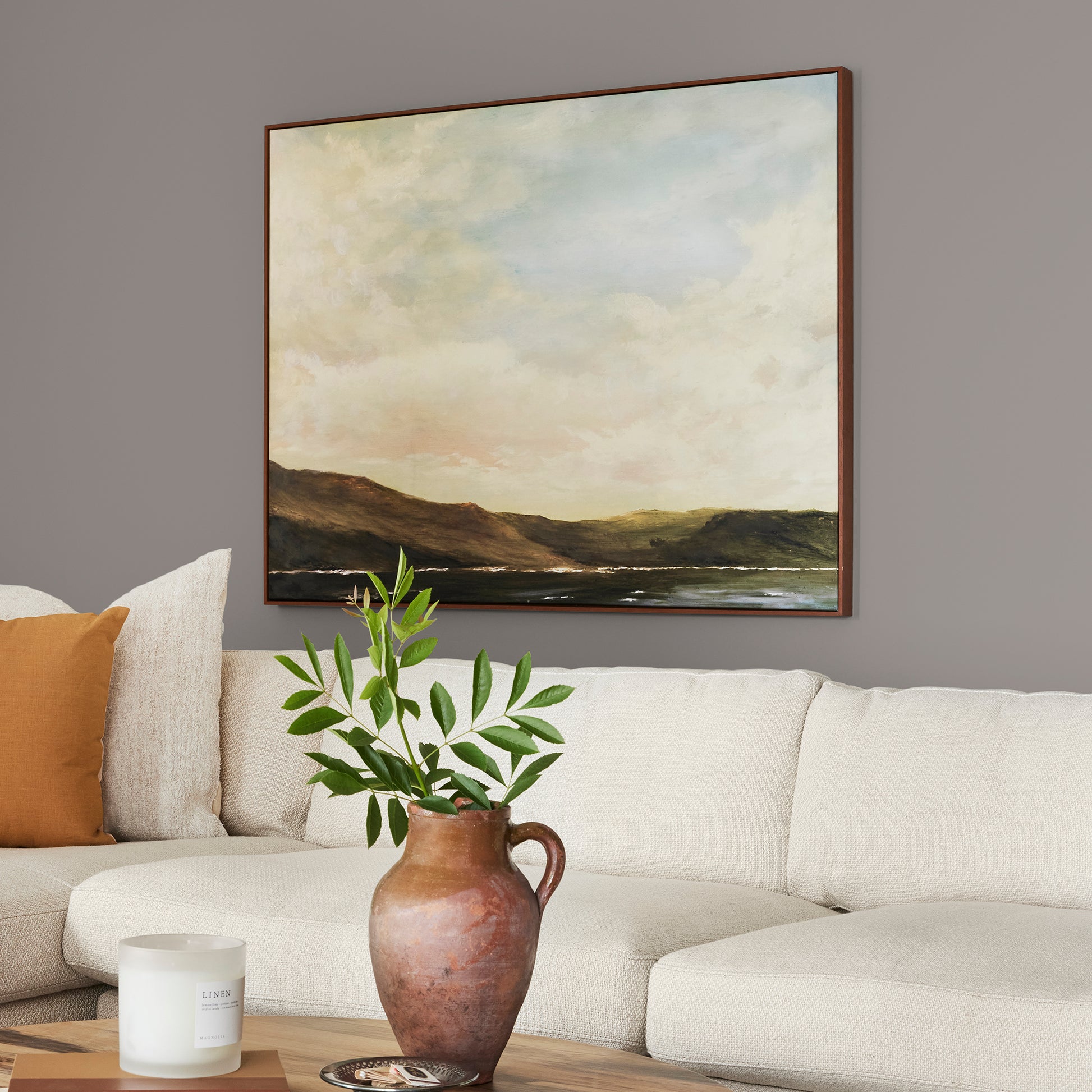 mousy brown interior paint named wooden palette shown painted on living room wall