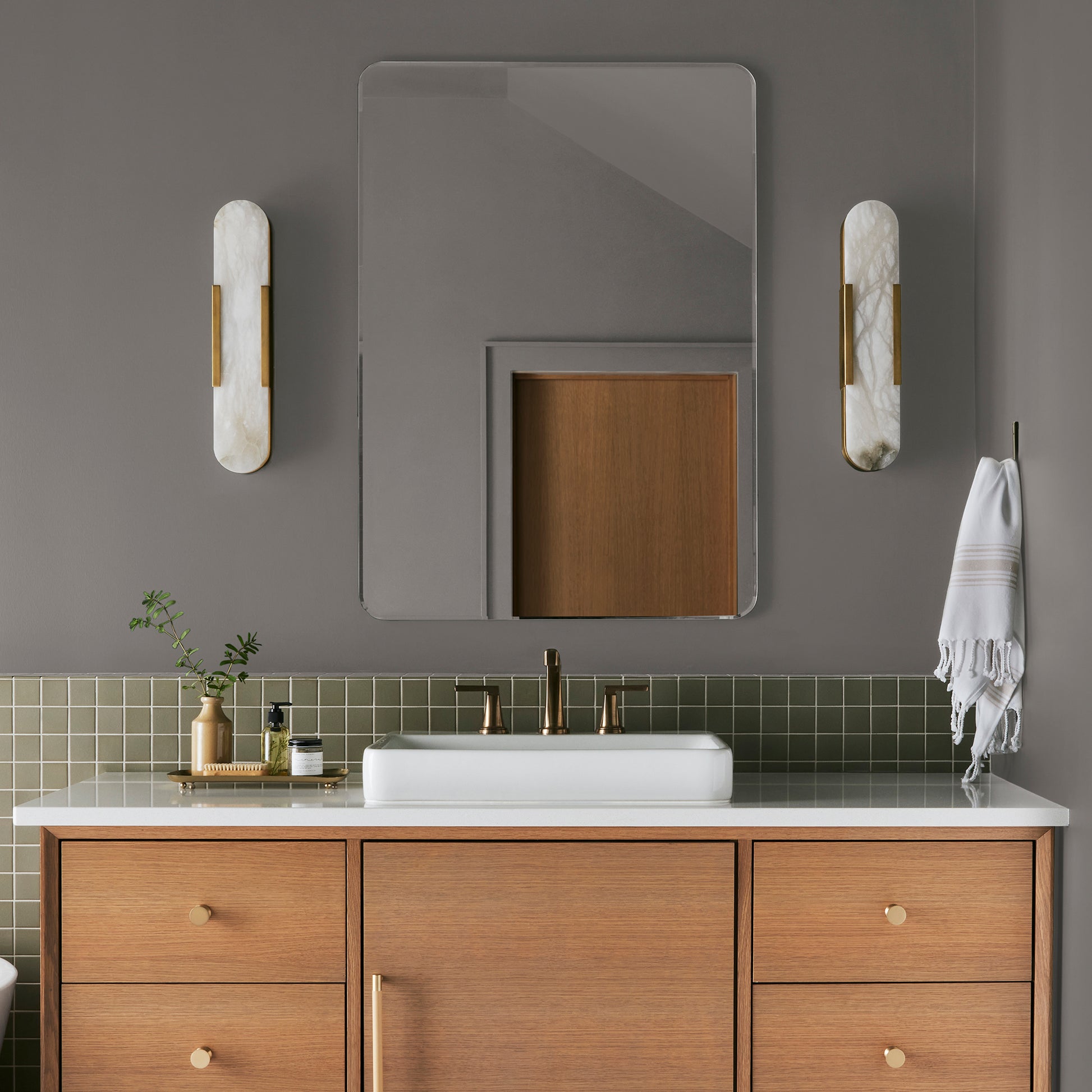 Smoky mid-toned brown interior paint named nesting box shown painted on bathroom wall