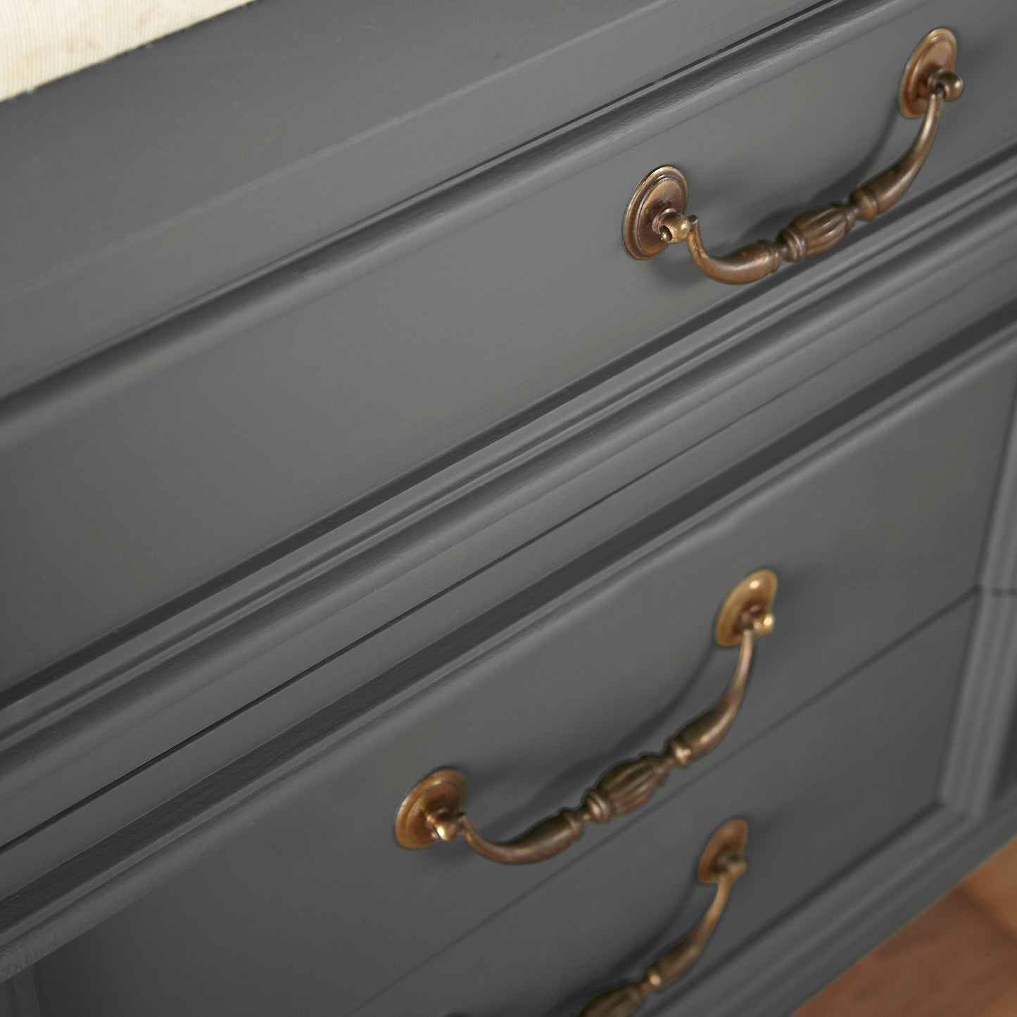 Almost black with green undertones door and cabinet paint named prairie smoke shown painted on cabinet