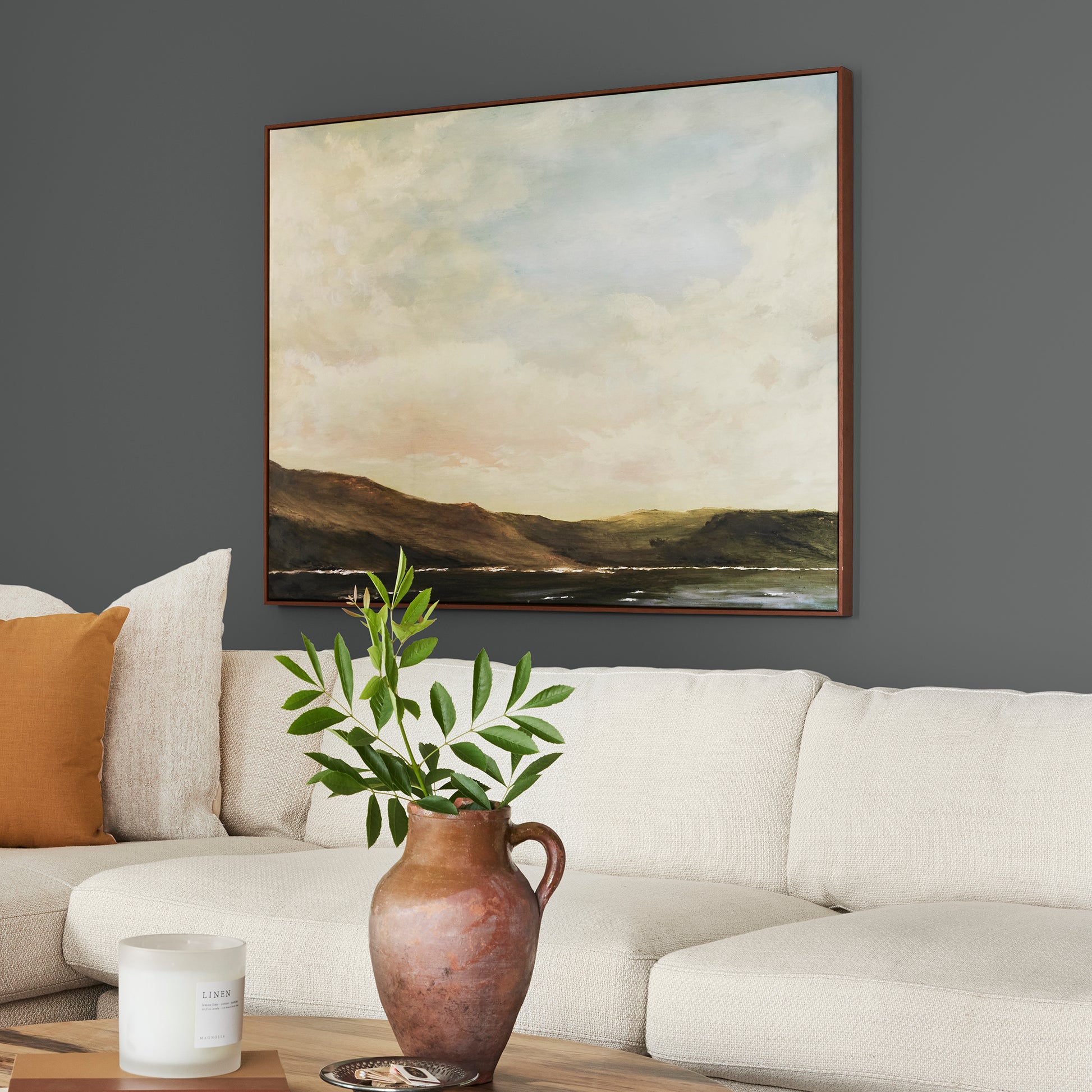 A chalky black interior paint named aspen stone shown painted on living room wall
