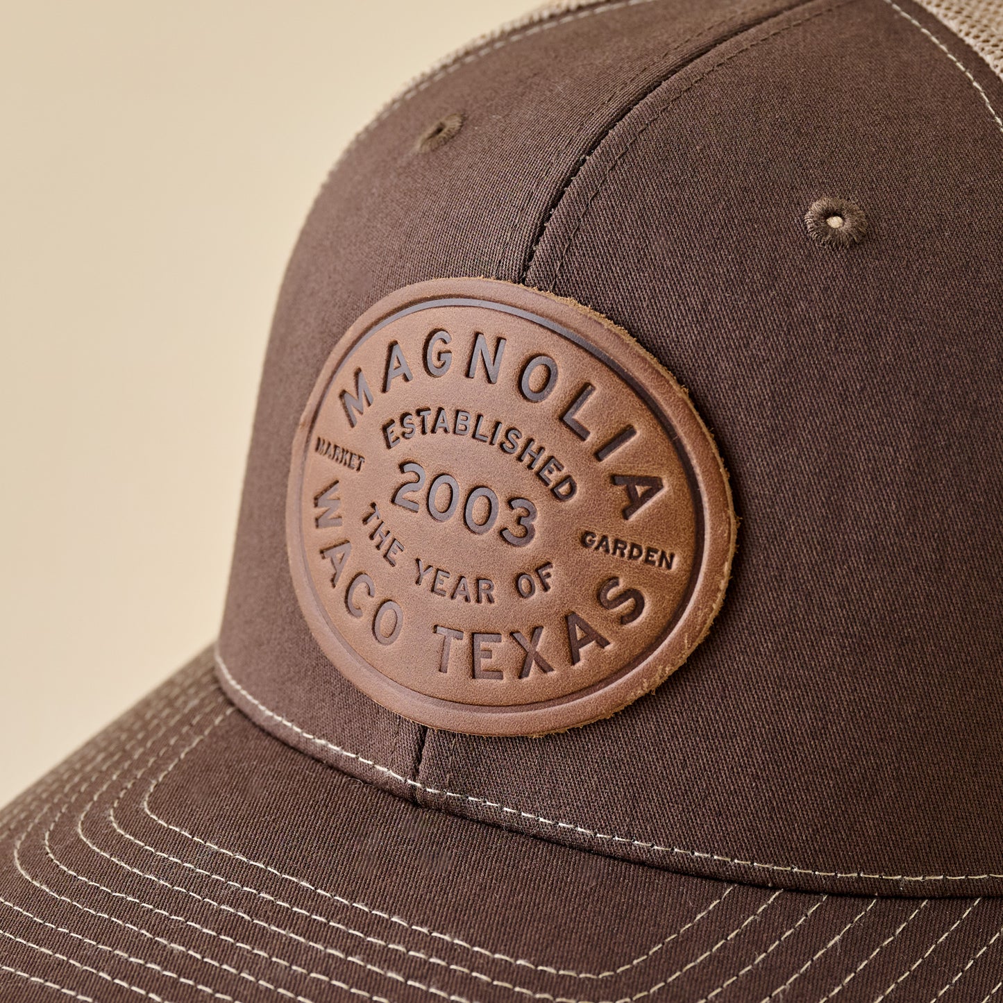 Magnolia Brown and Khaki Leather Patch Hat up close