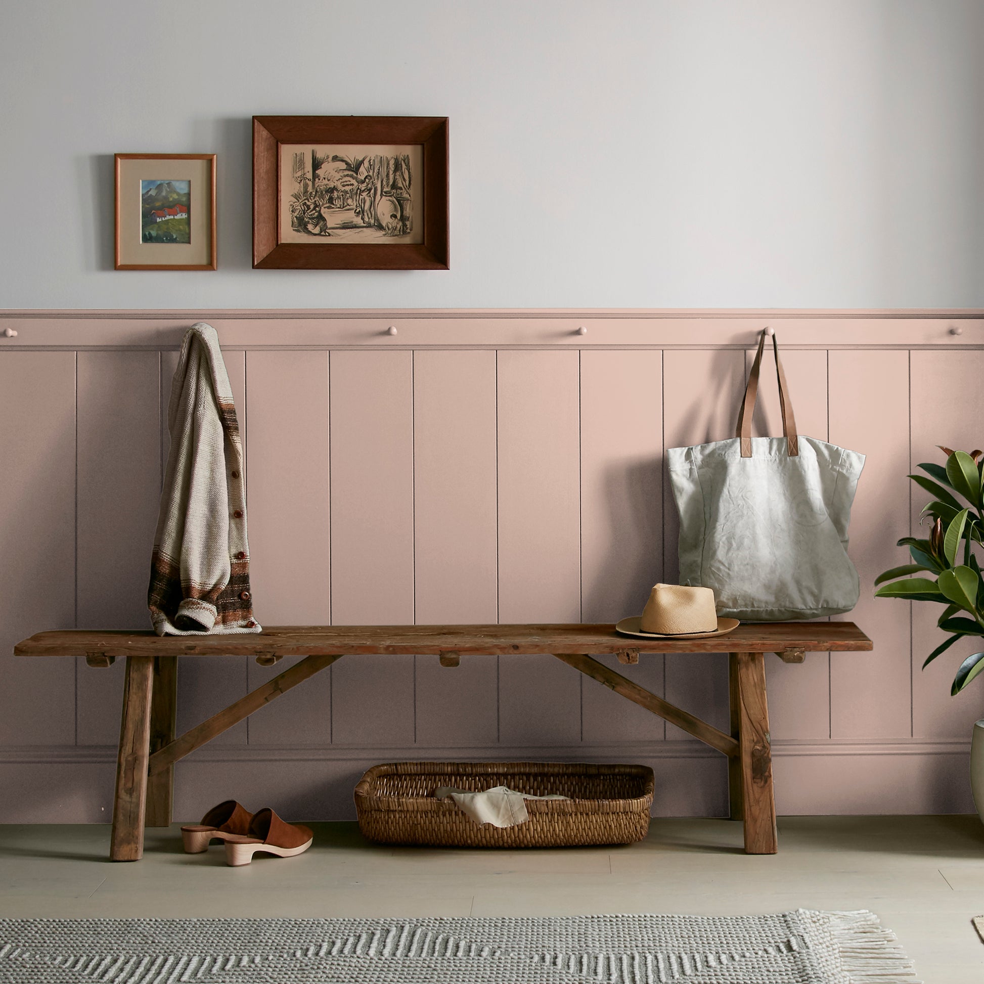 Dusty Pink Interior Paint named Rosy pink shown painted on entryway wall