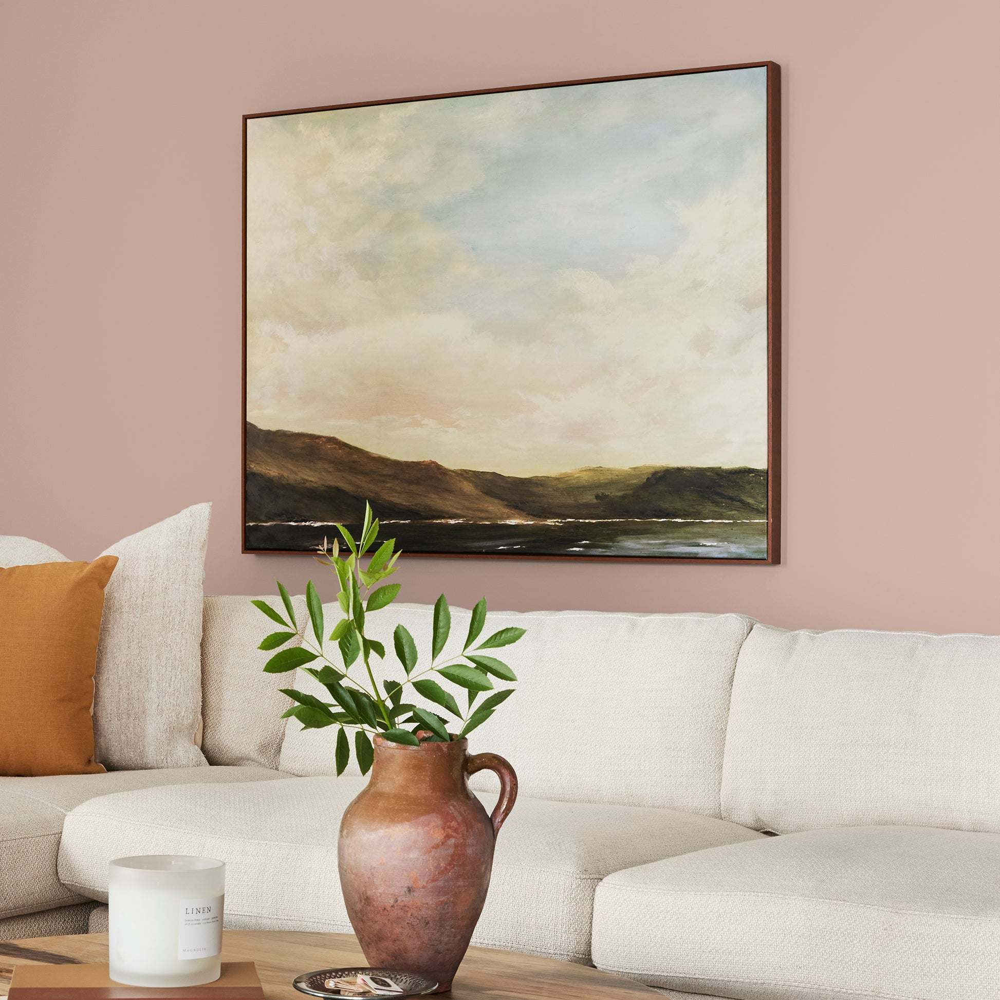 Dusty Pink Interior Paint named Rosy pink shown painted on living room wall