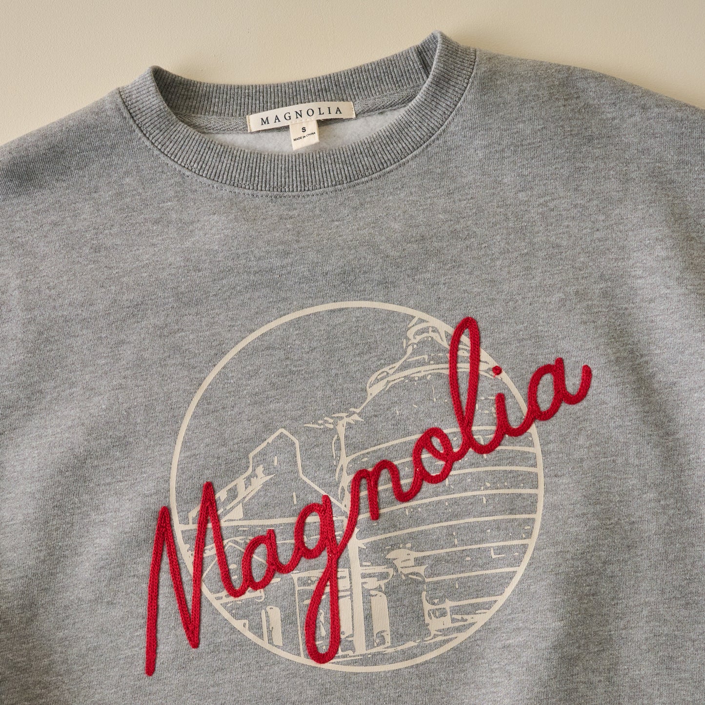 Magnolia Chainstitch Heather Grey Sweatshirt up close