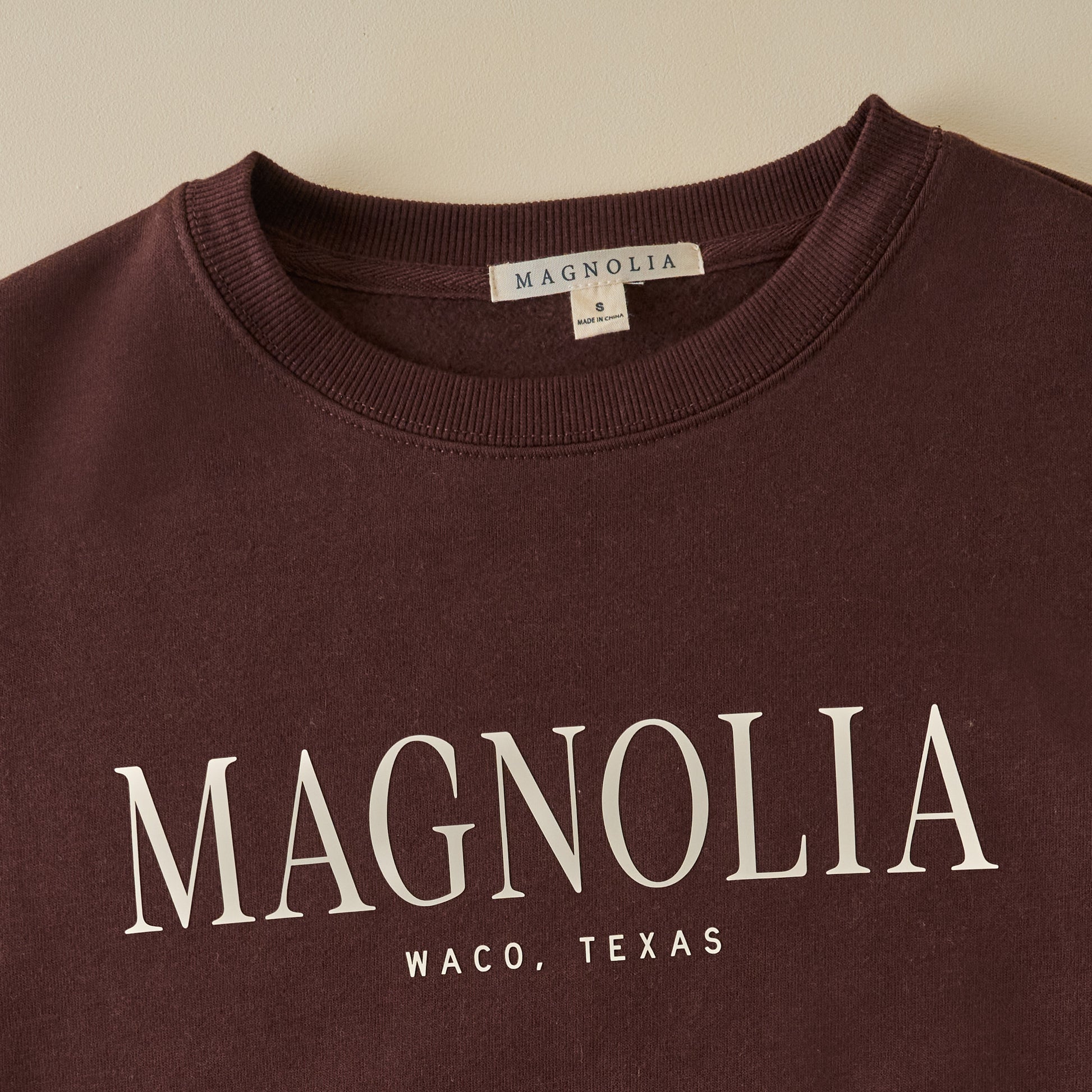 Magnolia Chocolate Soft Fleece Sweatshirt up close