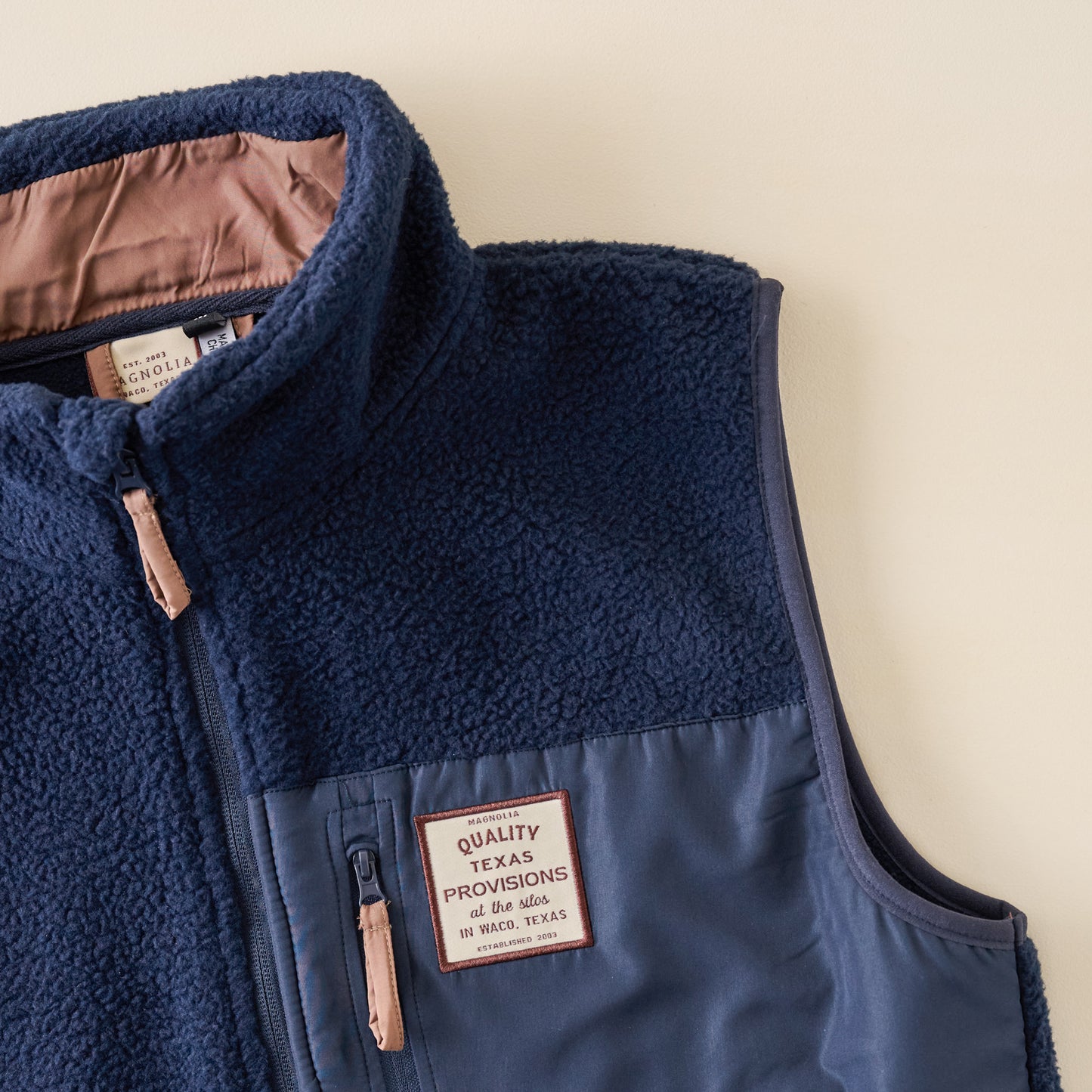 Magnolia Provisions Navy Fleece Vest close up