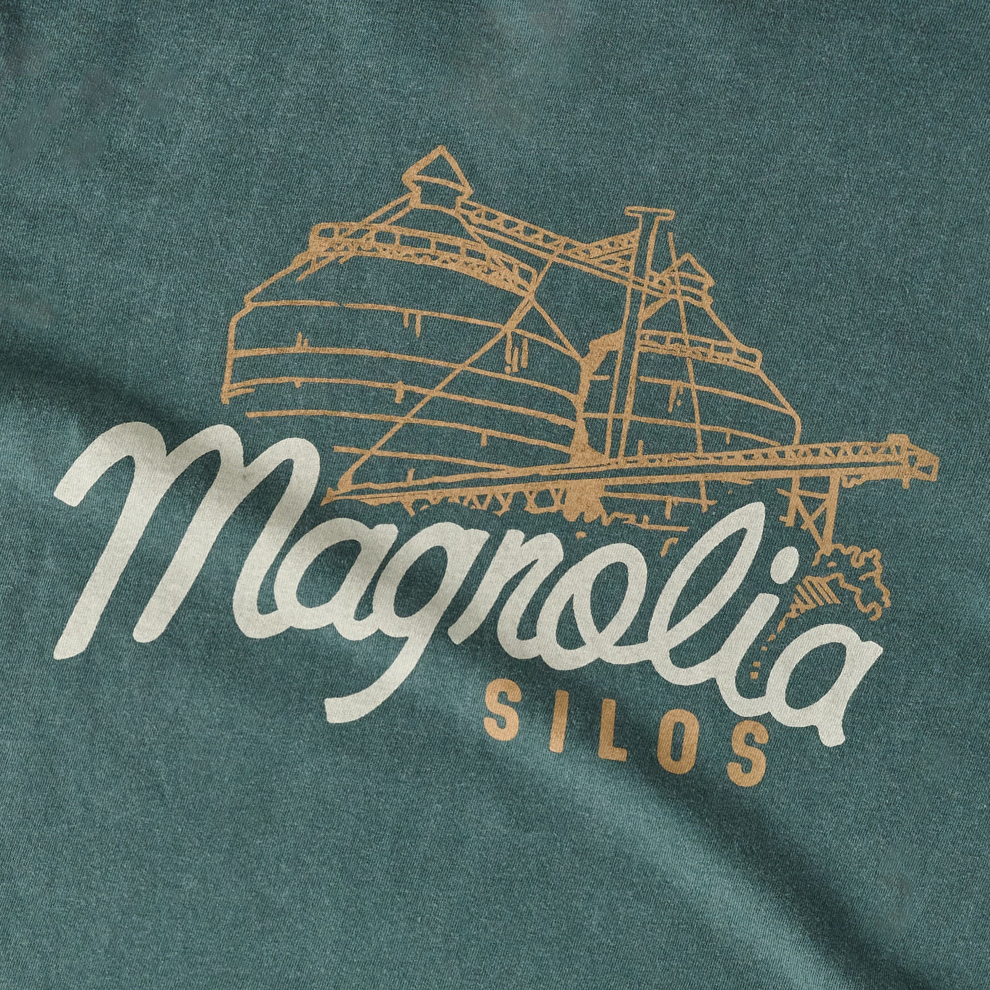 Back of Magnolia Script Silos Blue Spruce Long Sleeve Shirt close up