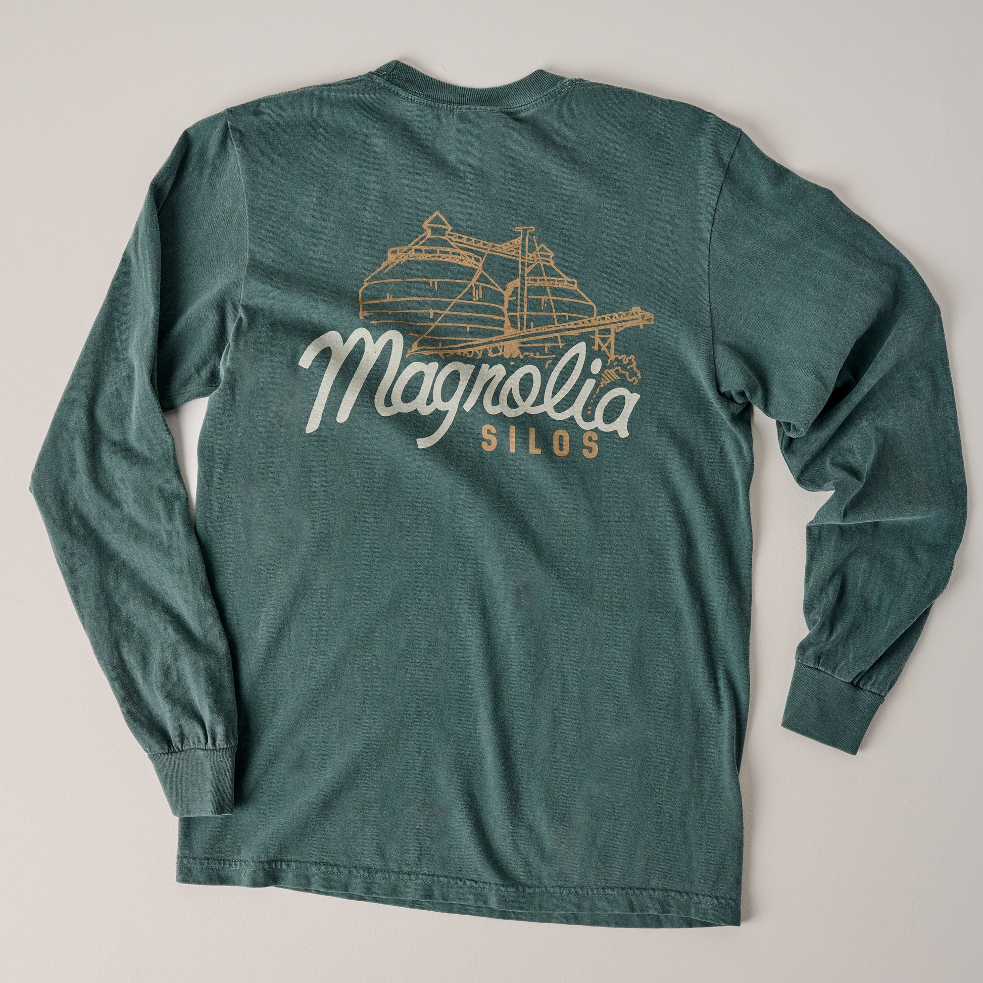 Back of Magnolia Script Silos Blue Spruce Long Sleeve Shirt