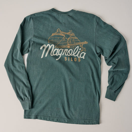 Back of Magnolia Script Silos Blue Spruce Long Sleeve Shirt