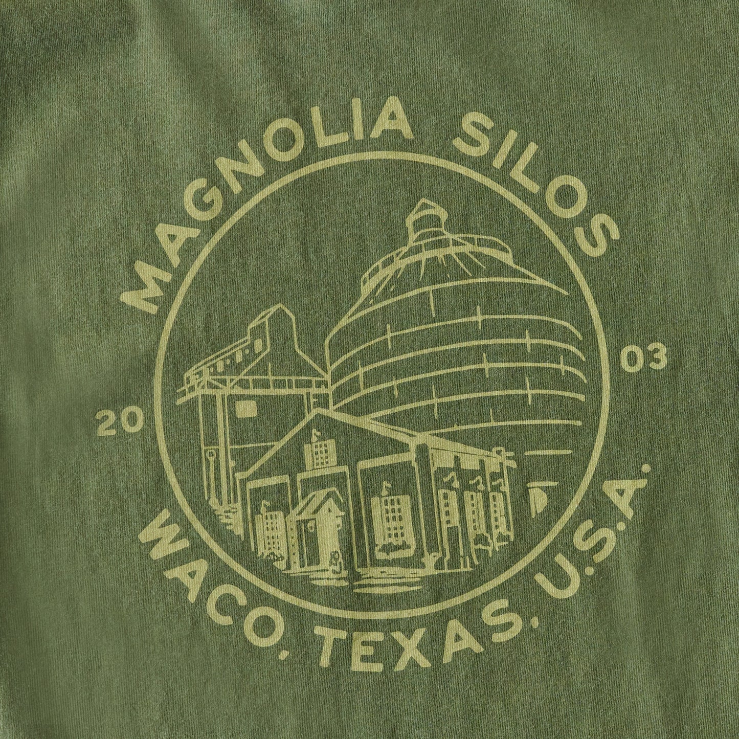 Magnolia Silos Crest Green Shirt back graphic up close