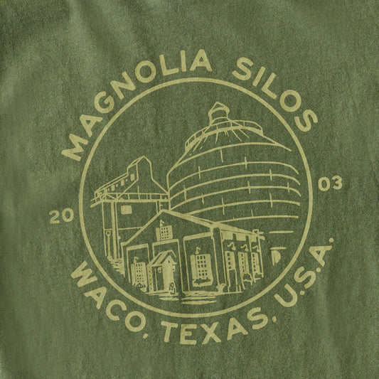 Magnolia Silos Crest Green Shirt back graphic up close