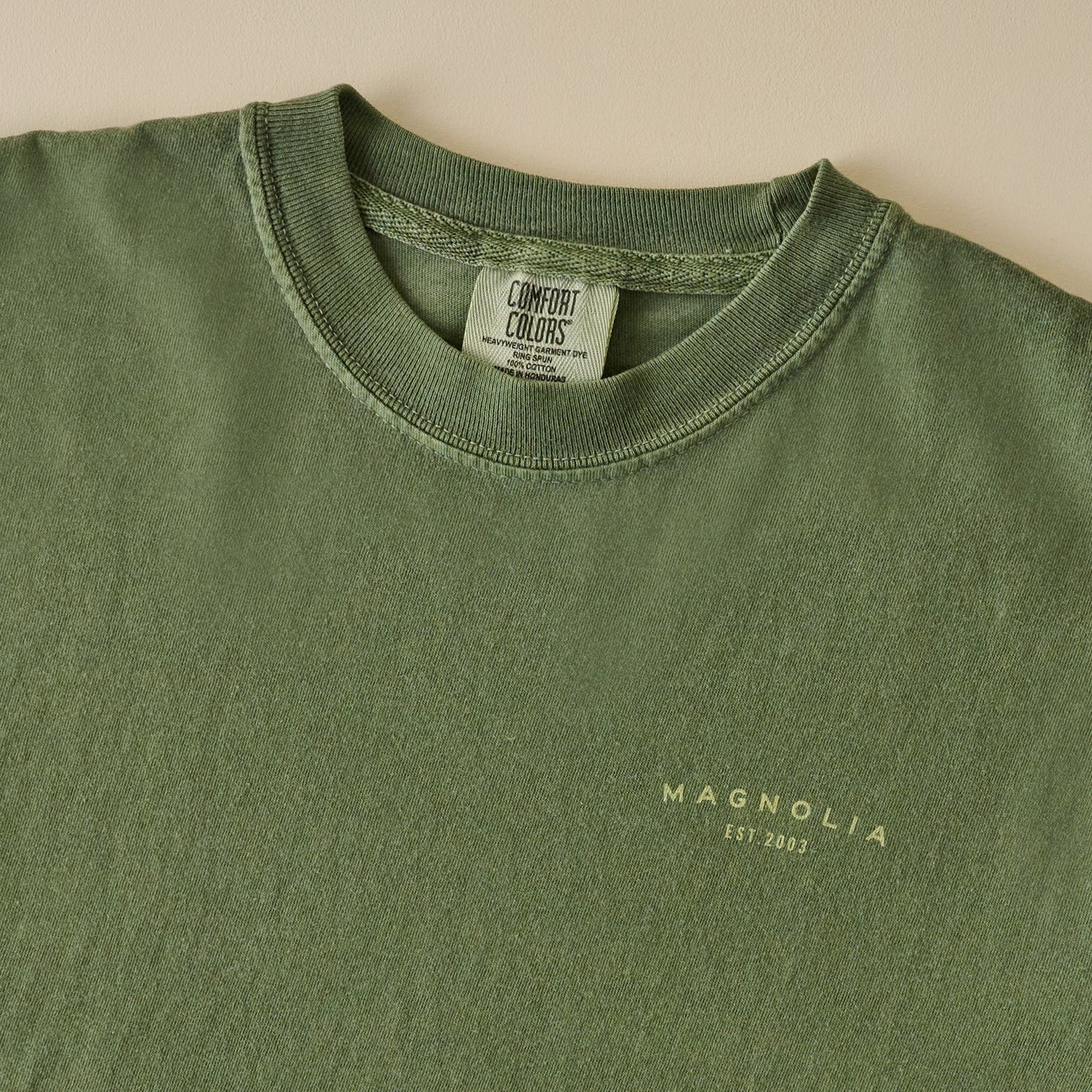 Magnolia Silos Crest Green Shirt graphic up close