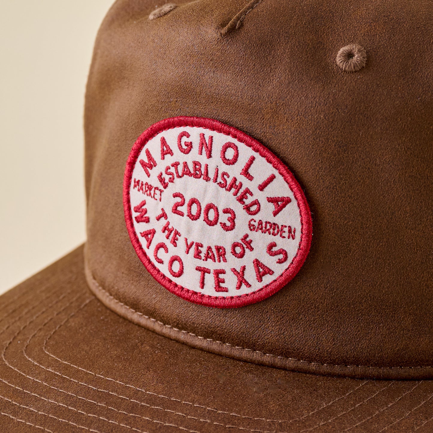 Magnolia Waxed Canvas Patch 5-Panel Hat up close
