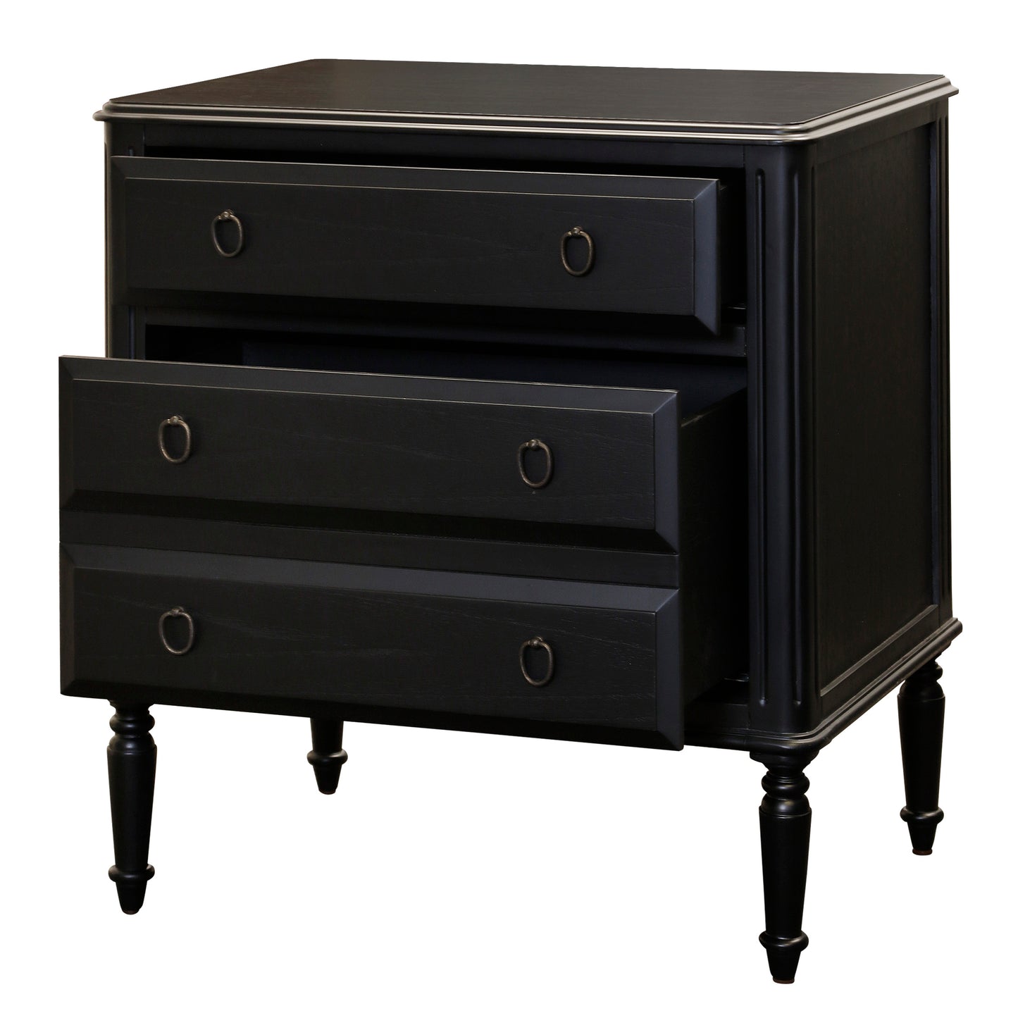 Corinne Large Nightstand in black shown with drawers open